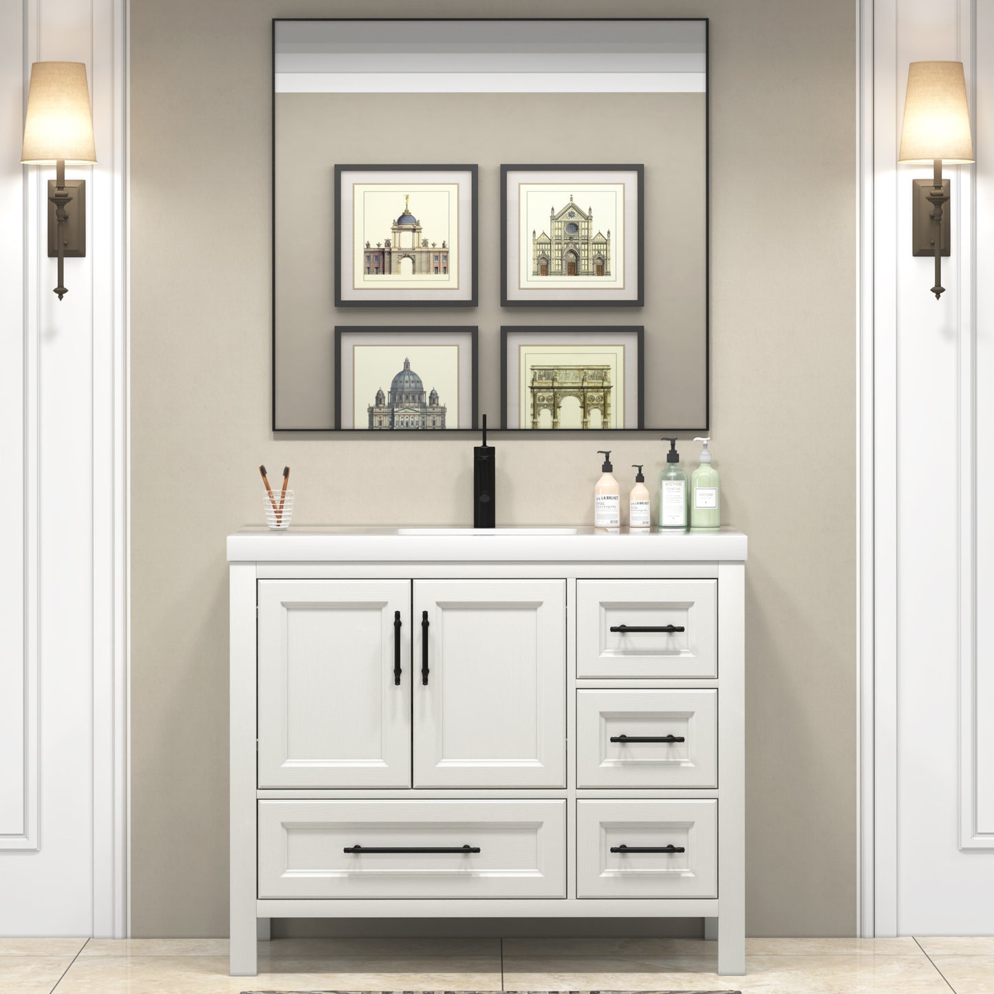 VIV 42 Inch Freestanding Solid Wood Bathroom Vanity in Matte White with Single Sink Acrylic Sink Set
