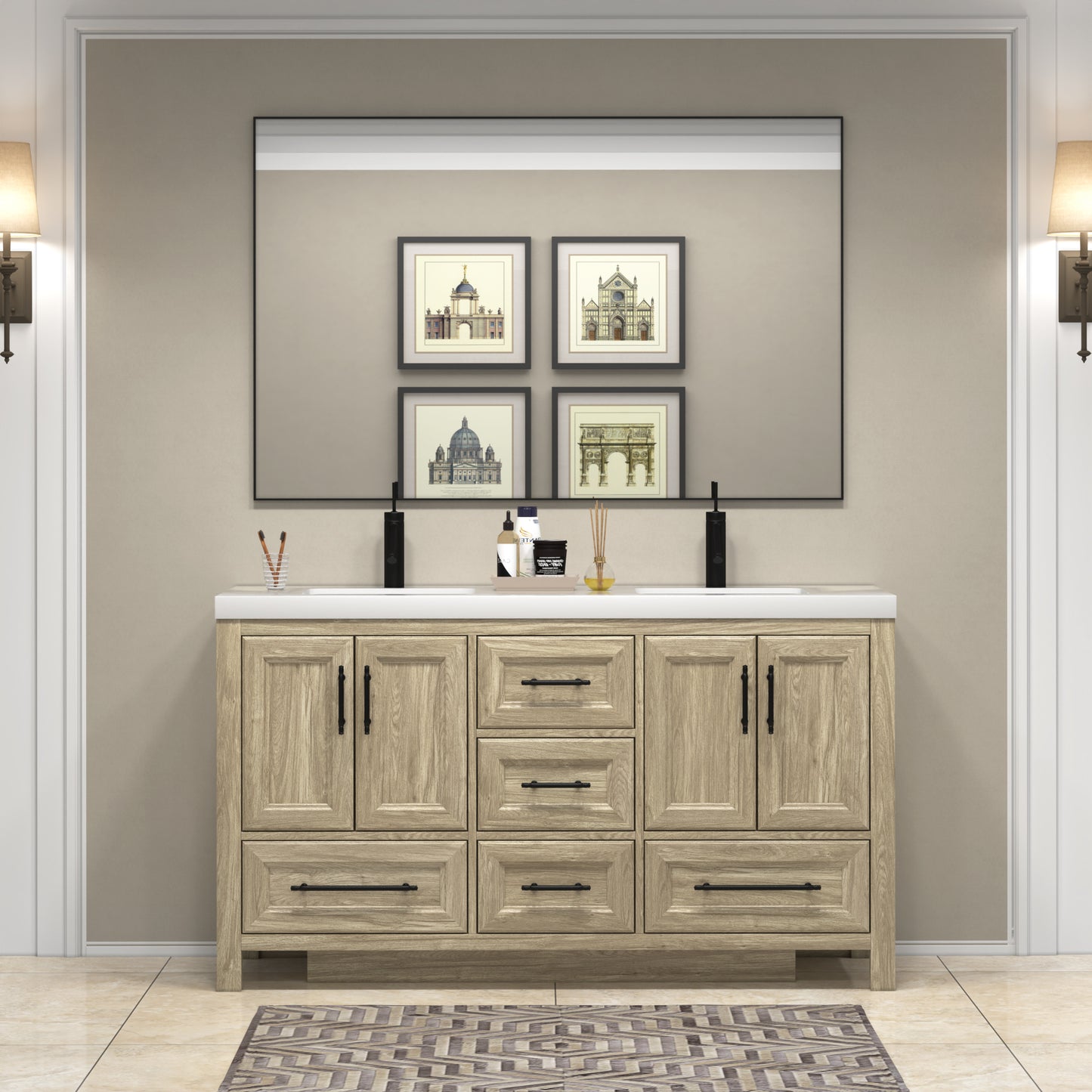 VIV 60 Inch Freestanding Solid Wood Bathroom Vanity in White Oak with Double Sink Set