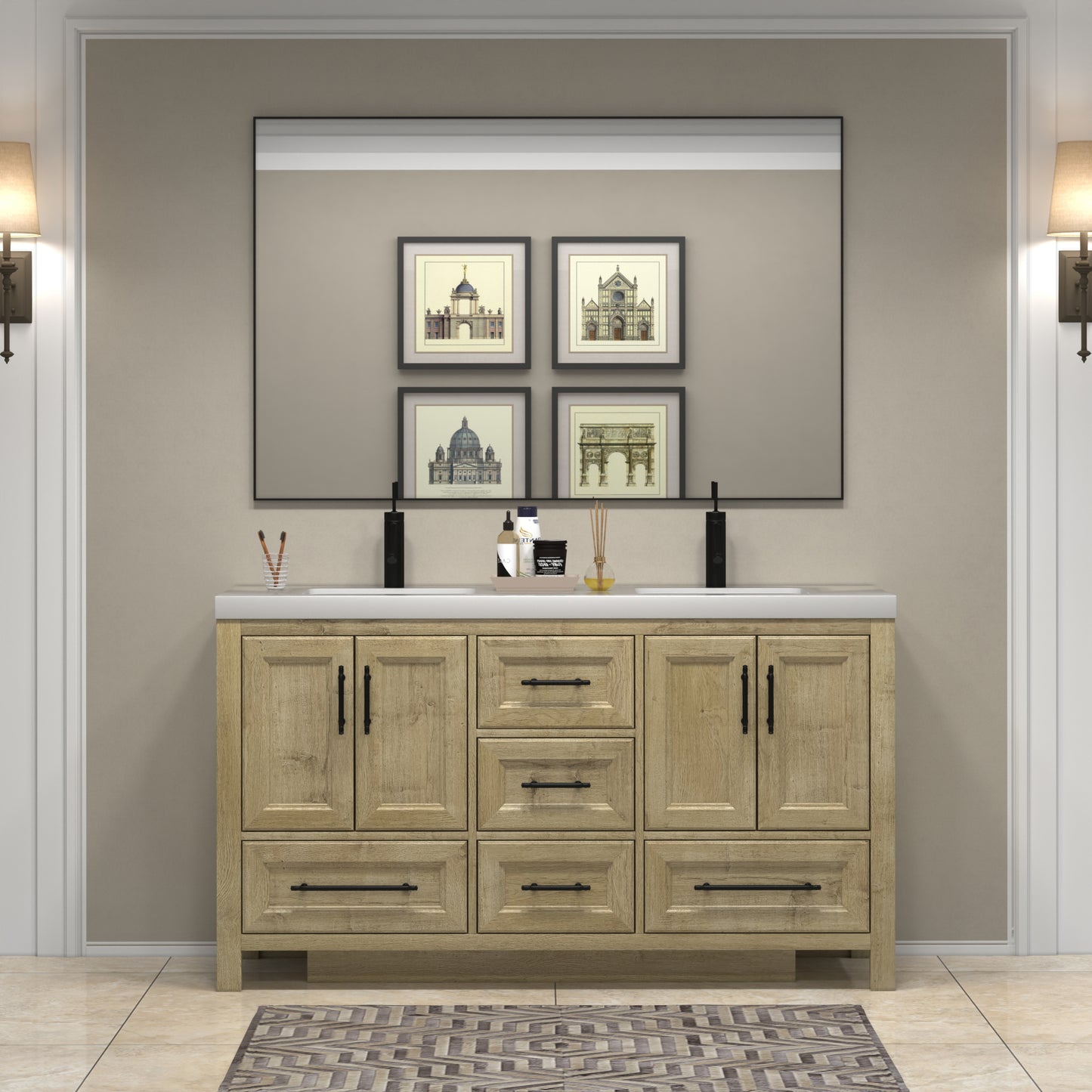 VIV 60 Inch Freestanding Solid Wood Bathroom Vanity in Oak with Double Sink Set