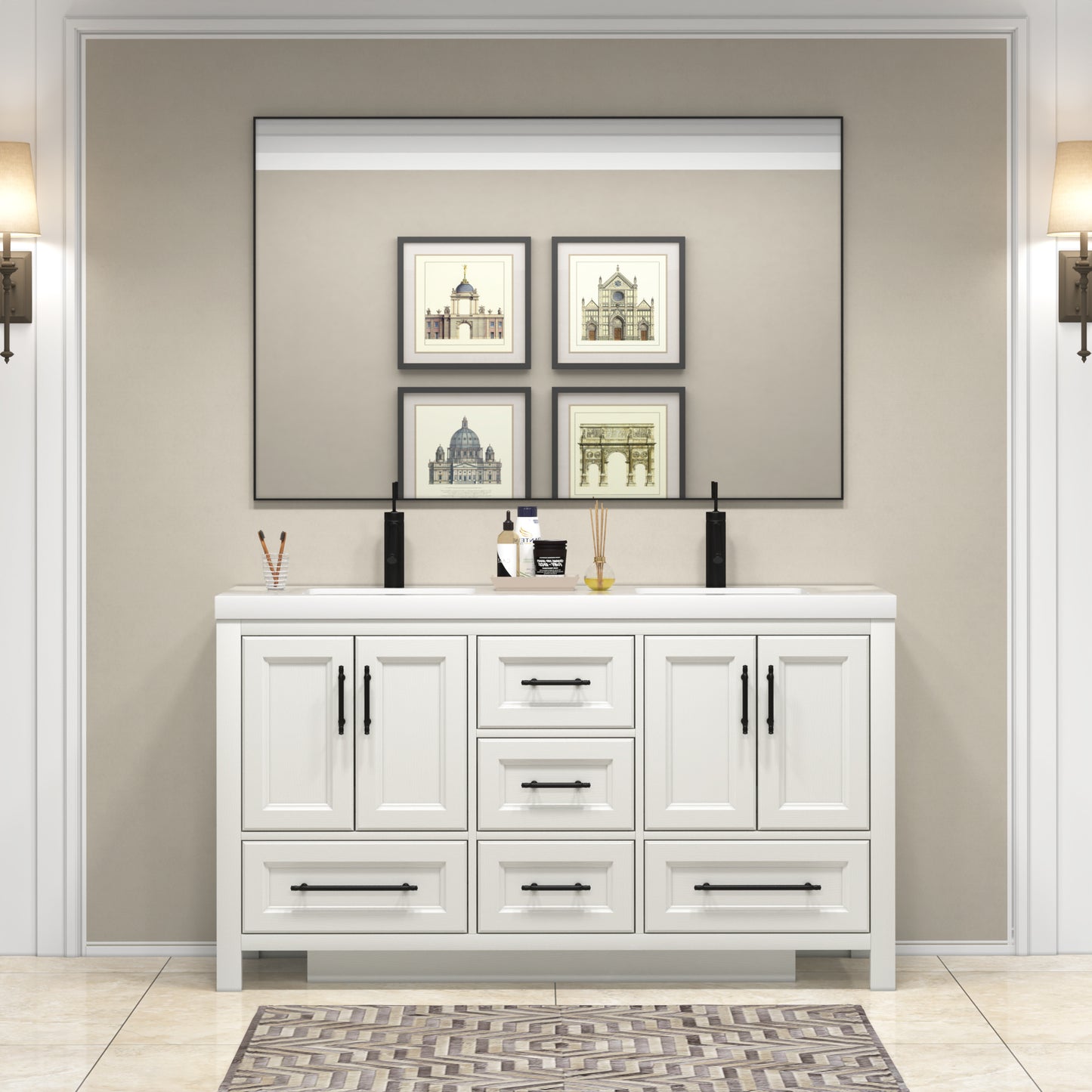 VIV 60 Inch Freestanding Solid Wood Bathroom Vanity in Matte White Oak with Double Sink Set
