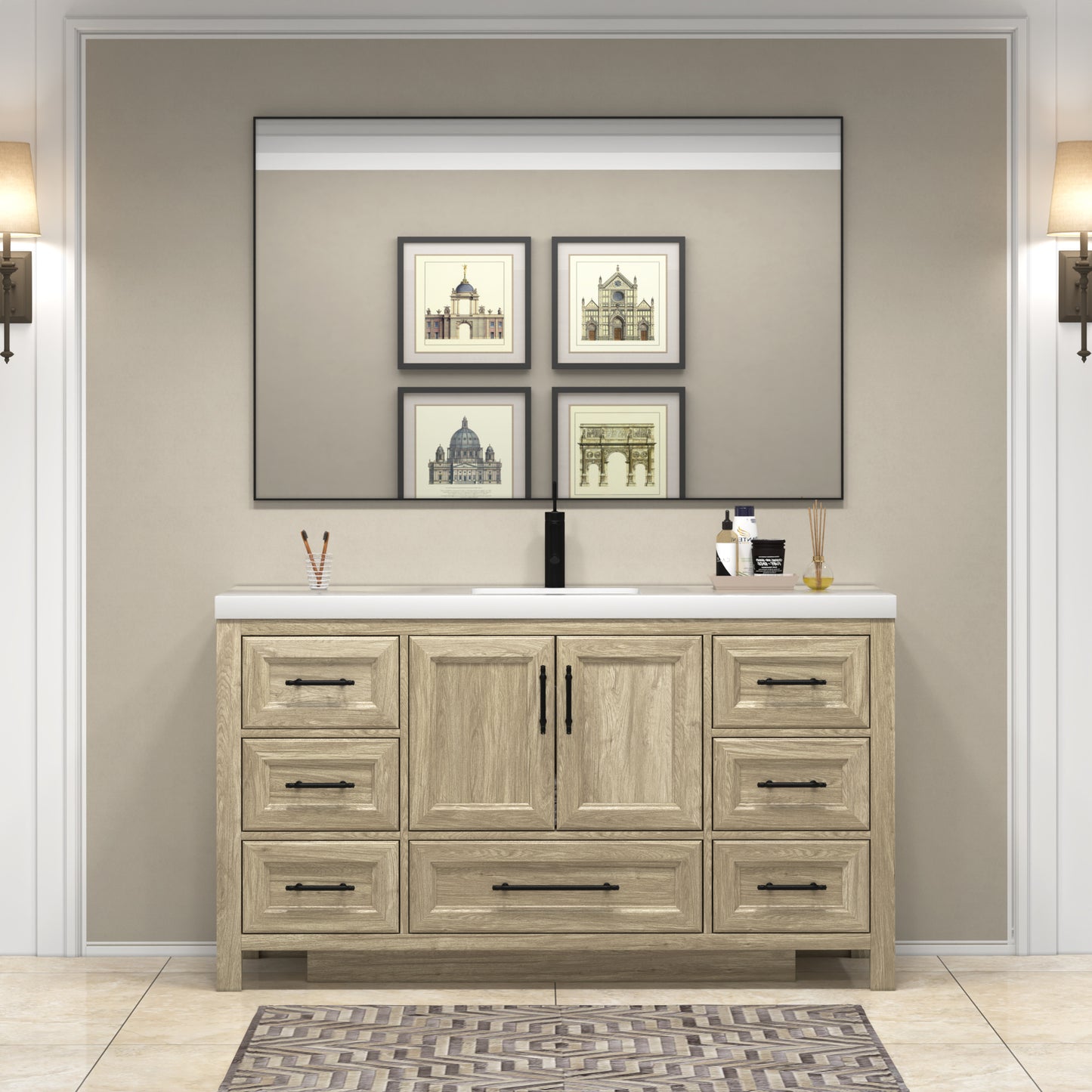 VIV Solid Wood Freestanding Bathroom Vanity in Oak with Reinforced Acrylic Sink