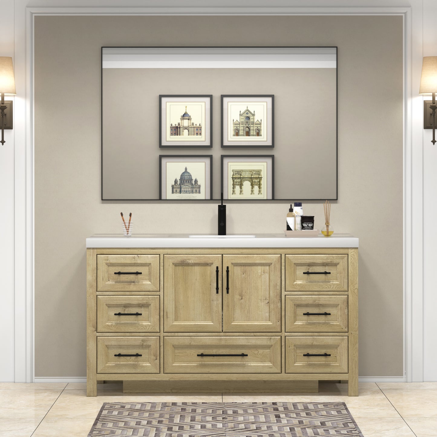 VIV 60 Inch Freestanding Solid Wood Bathroom Vanity in Oak with Single Acrylic Sink Set