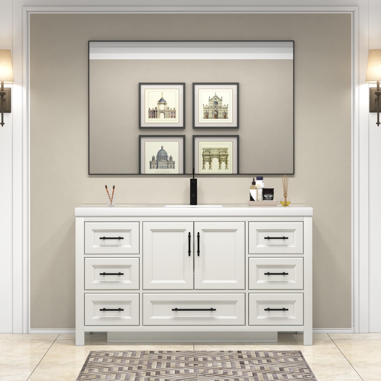 VIV 60 Inch Freestanding Solid Wood Bathroom Vanity in Matte White Oak with Single Acrylic Sink Set