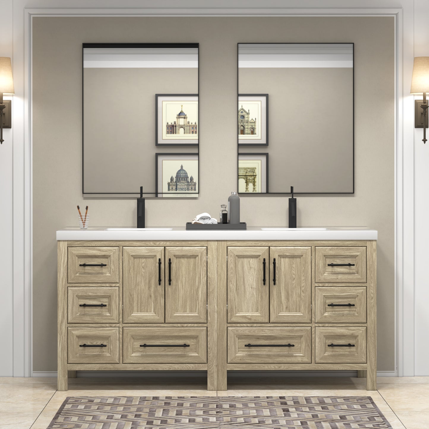 VIV 72 Inch Freestanding Solid Wood Bathroom Vanity in White Oak with Double Sink Acrylic Sink Set