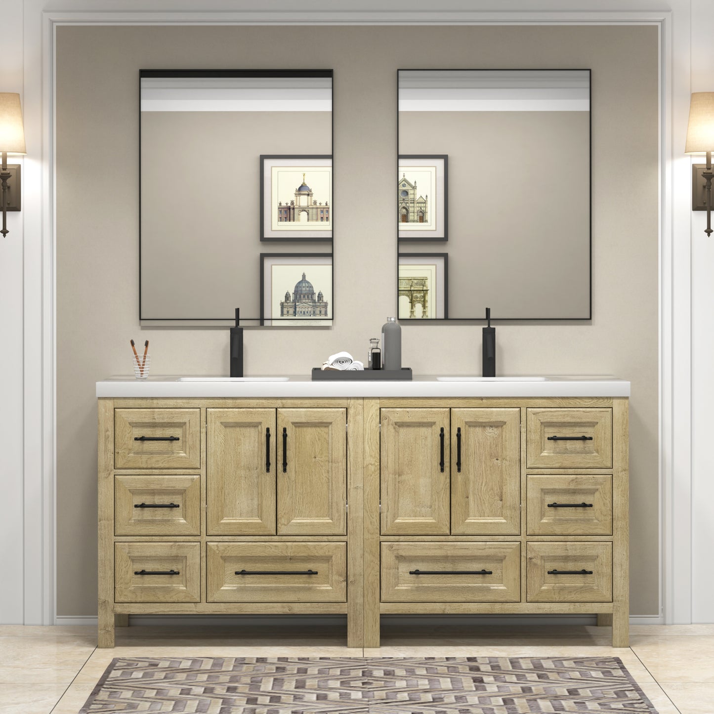 VIV 72 Inch Freestanding Solid Wood Bathroom Vanity in Oak with Double Sink Acrylic Sink Set