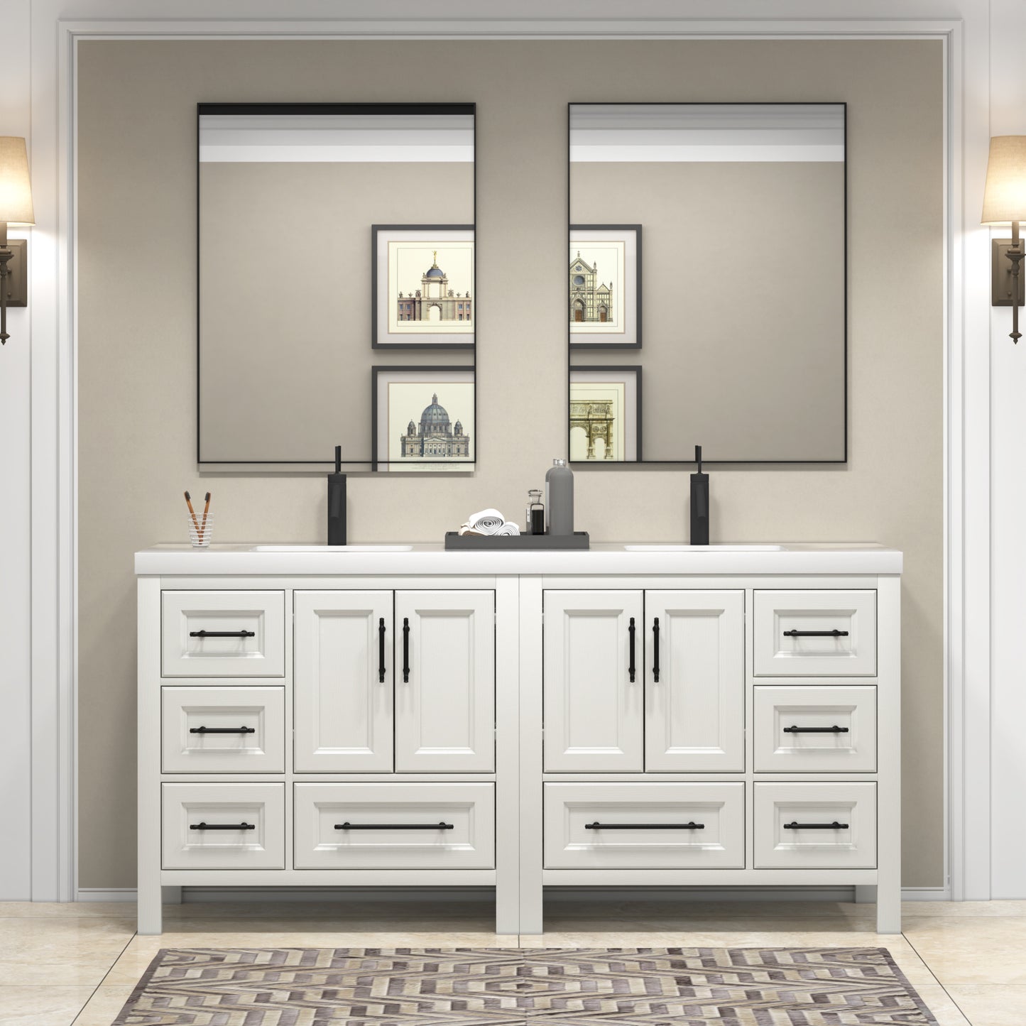 VIV 72 Inch Freestanding Solid Wood Bathroom Vanity in Matte White Oak with Double Sink Acrylic Sink Set