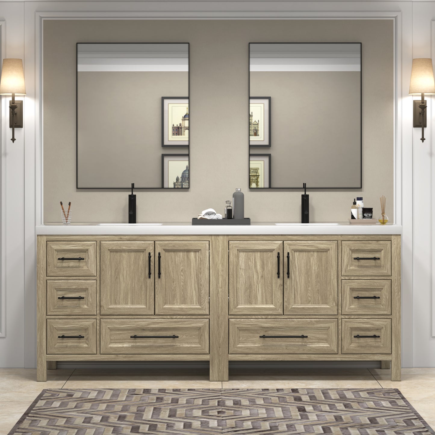 VIV 84 Inch Freestanding Solid Wood Bathroom Vanity in White Oak with Double Sink Acrylic Sink Set
