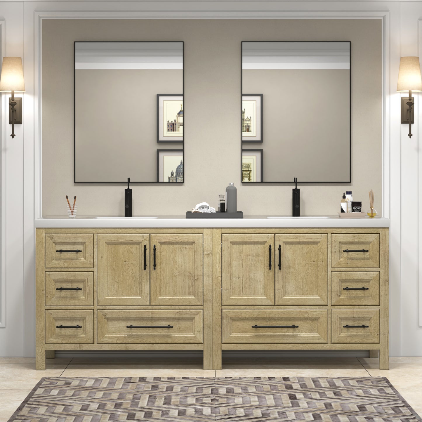 VIV 84 Inch Freestanding Solid Wood Bathroom Vanity in Oak with Double Sink Acrylic Sink Set