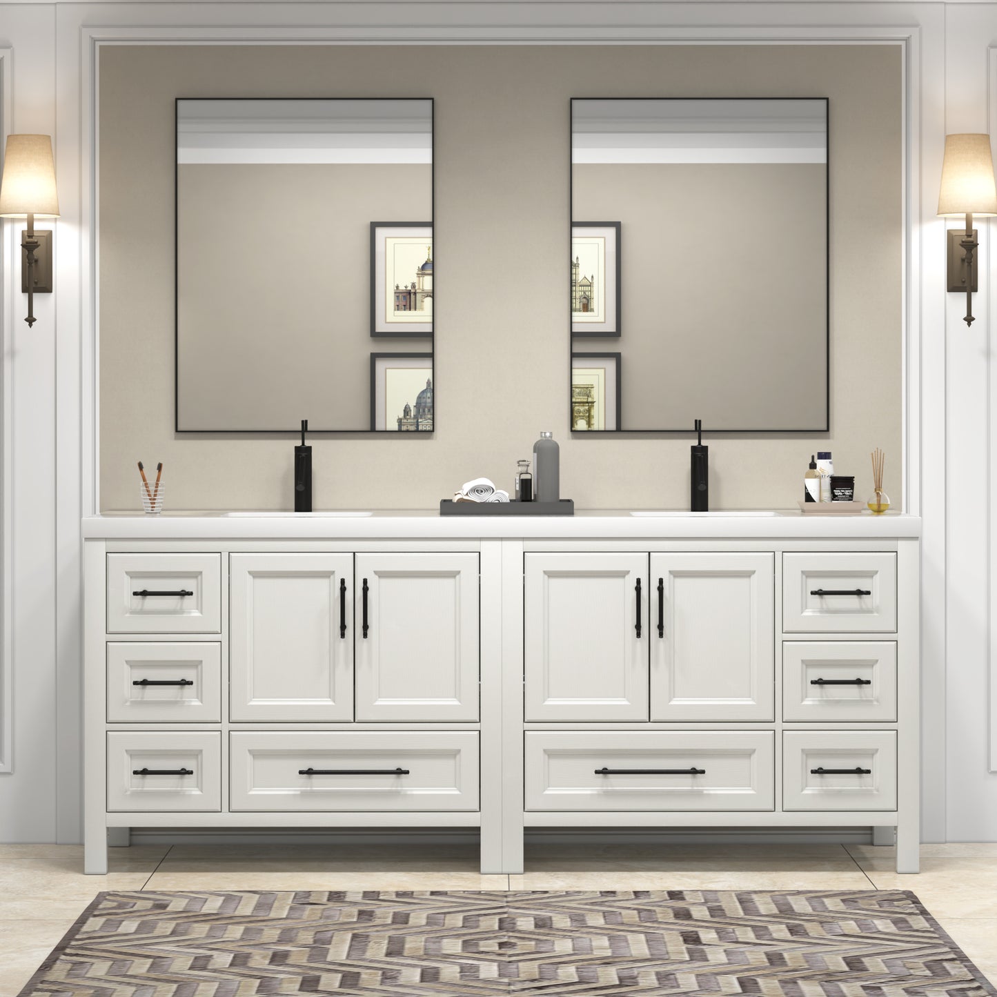 VIV 84 Inch Freestanding Solid Wood Bathroom Vanity in Matte White Oak with Double Sink Acrylic Sink Set