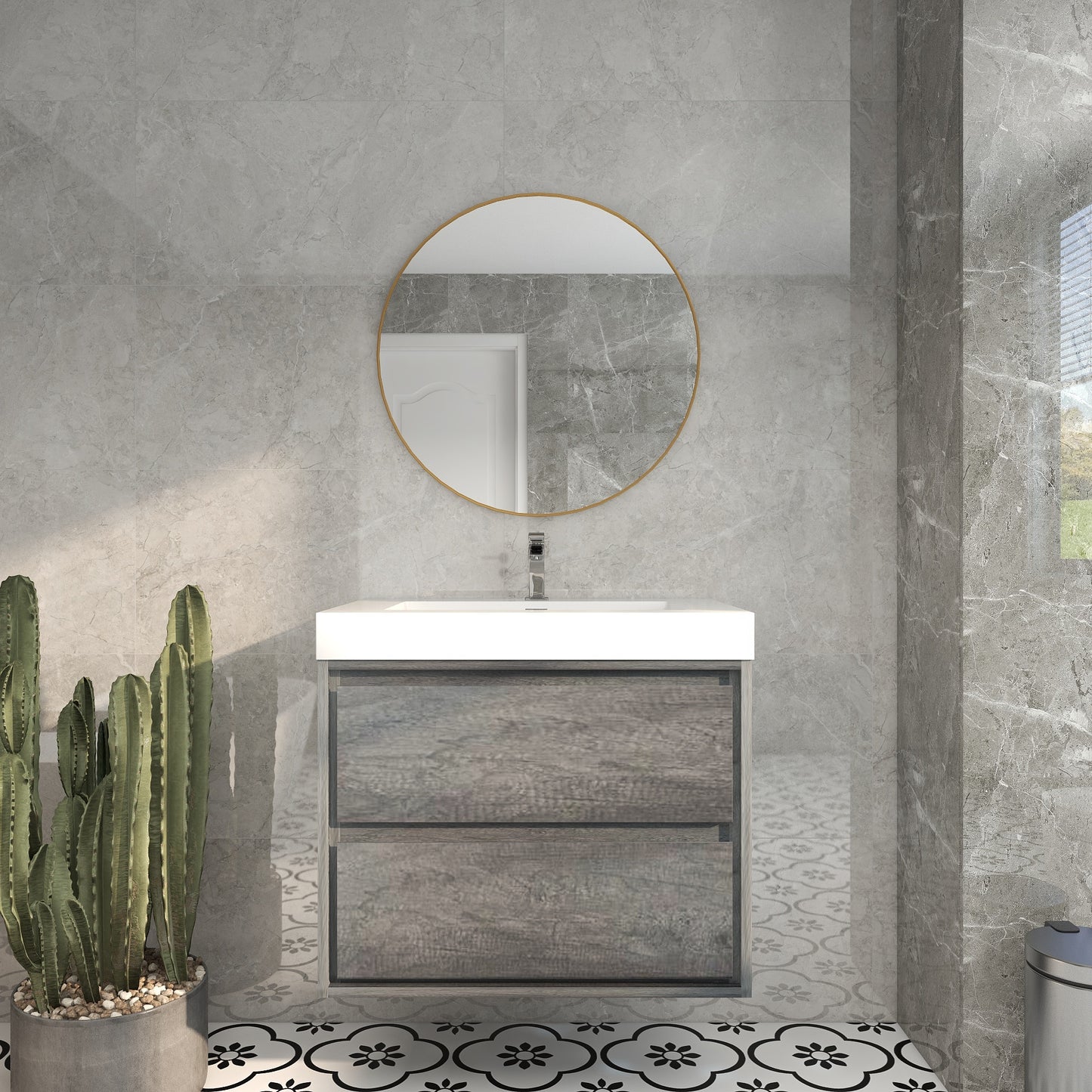 Saggia 30" Wall-Mounted Floating Bathroom Vanity with Reinforced Acrylic Sink in Smoke Oak | Better Vanity Modern Luxury Bathroom Vanities