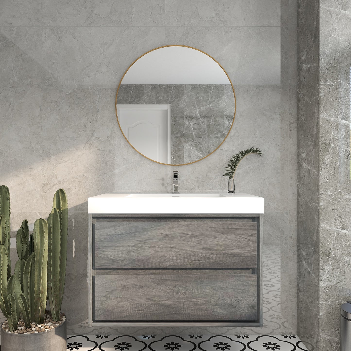 Saggia 36" Wall-Mounted Floating Bathroom Vanity with Reinforced Acrylic Sink in Smoke Oak | Better Vanity Modern Luxury Bathroom Vanities