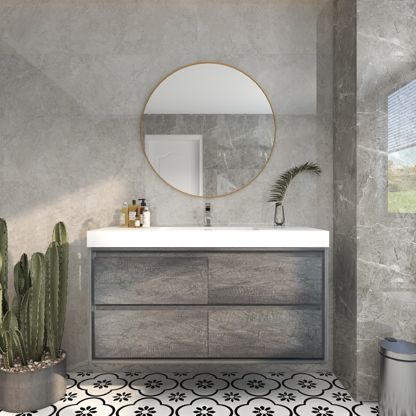 Saggia 48" Wall-Mounted Floating Bathroom Vanity with Reinforced Acrylic Sink in Smoke Oak | Better Vanity Modern Luxury Bathroom Vanities