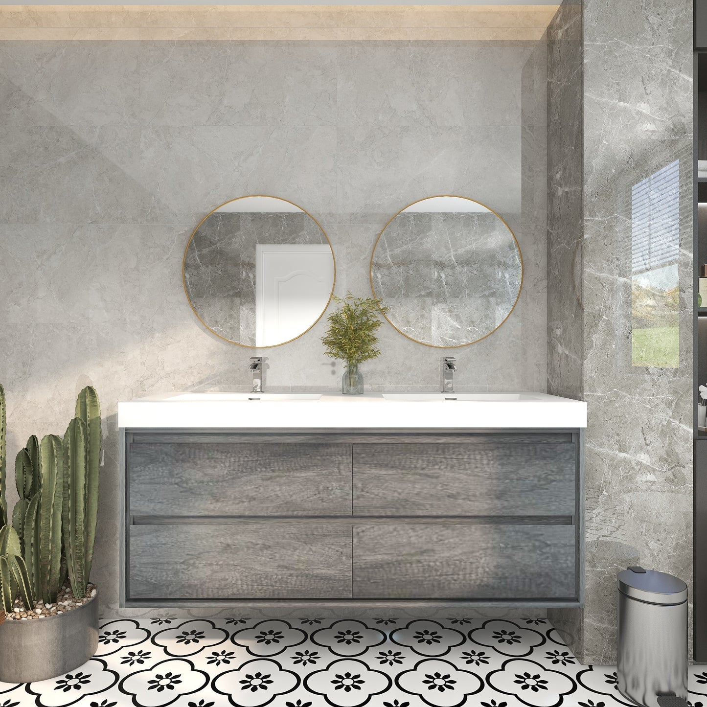 Saggia 60" Wall-Mounted Floating Bathroom Vanity with Reinforced Acrylic Double Sink in Smoke Oak | Better Vanity Modern Luxury Bathroom Vanities