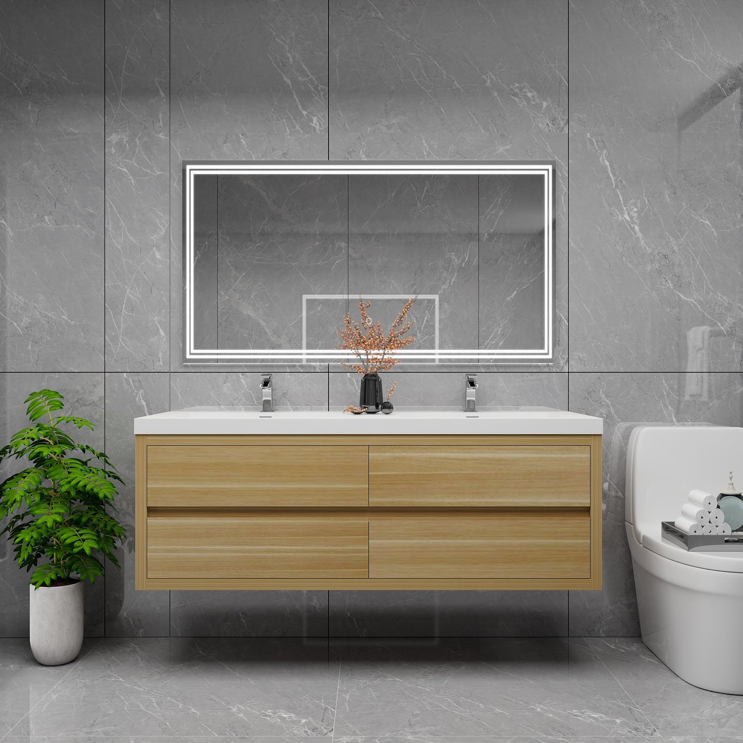 Louis 60" Solid Wood Floating Bathroom Vanity with Double Sink in Light Oak | Better Vanity Solid Wood Floating Vanities