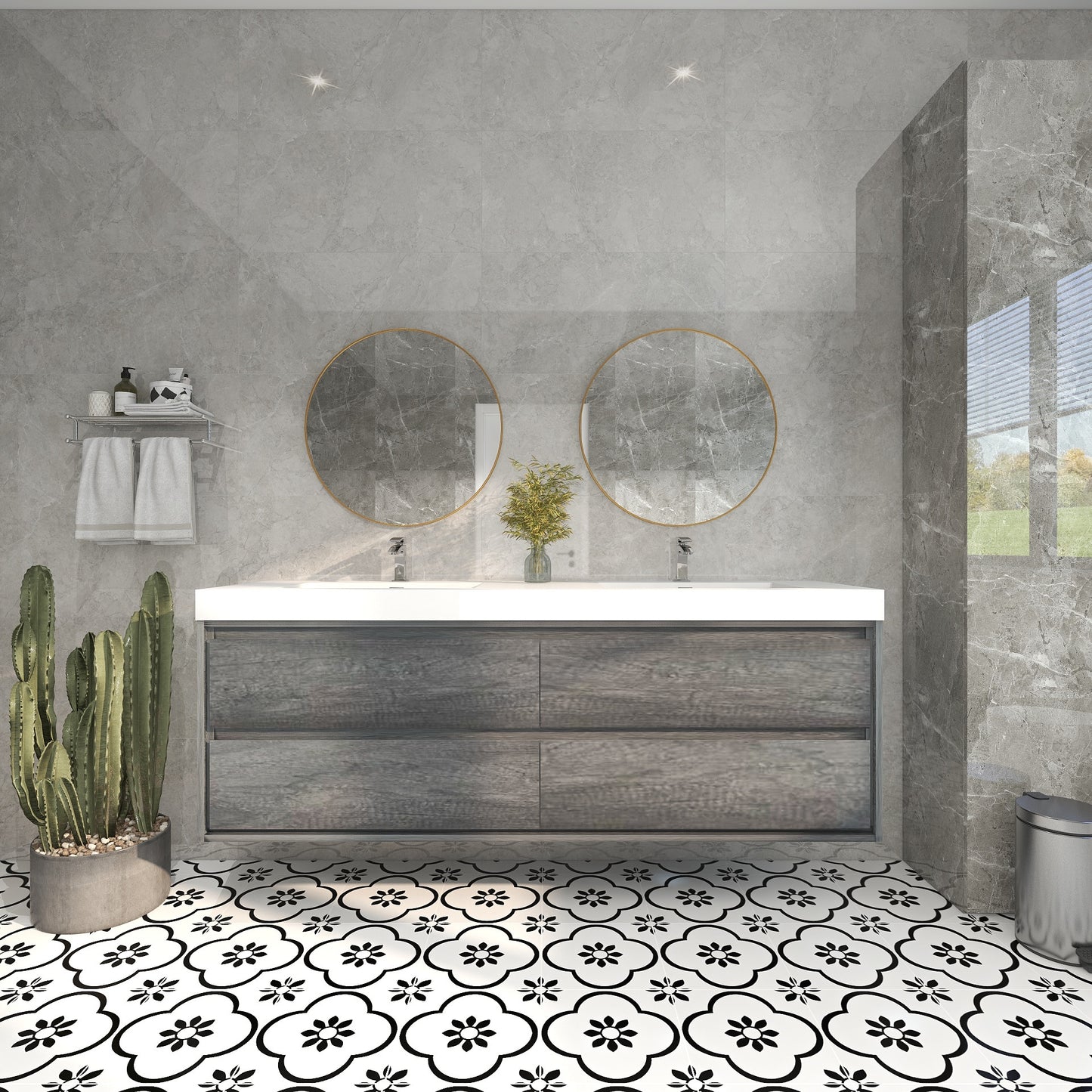 Saggia 72" Wall-Mounted Floating Bathroom Vanity with Reinforced Acrylic Double Sink in Smoke Oak | Better Vanity Modern Luxury Bathroom Vanities