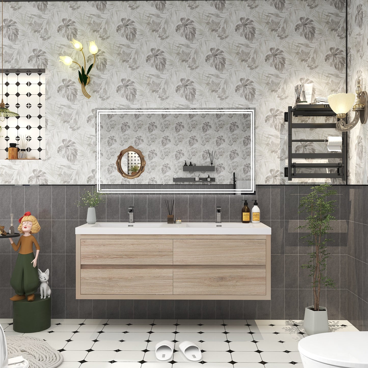 Louis 60" Solid Wood Floating Bathroom Vanity with Double Sink in White Oak | Better Vanity Solid Wood Floating Vanities