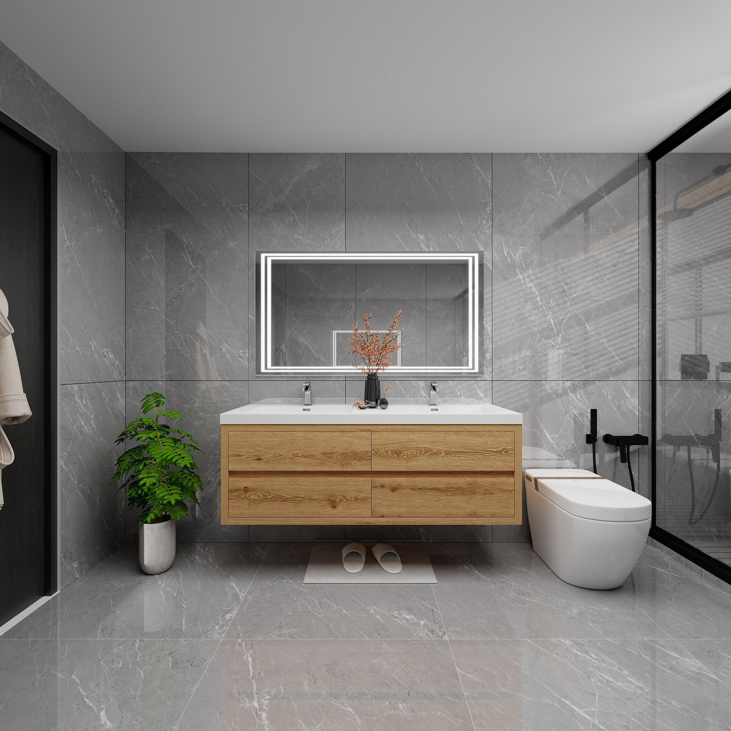 Louis 60" Solid Wood Floating Bathroom Vanity with Double Sink in Yellow Oak | Better Vanity Solid Wood Floating Vanities