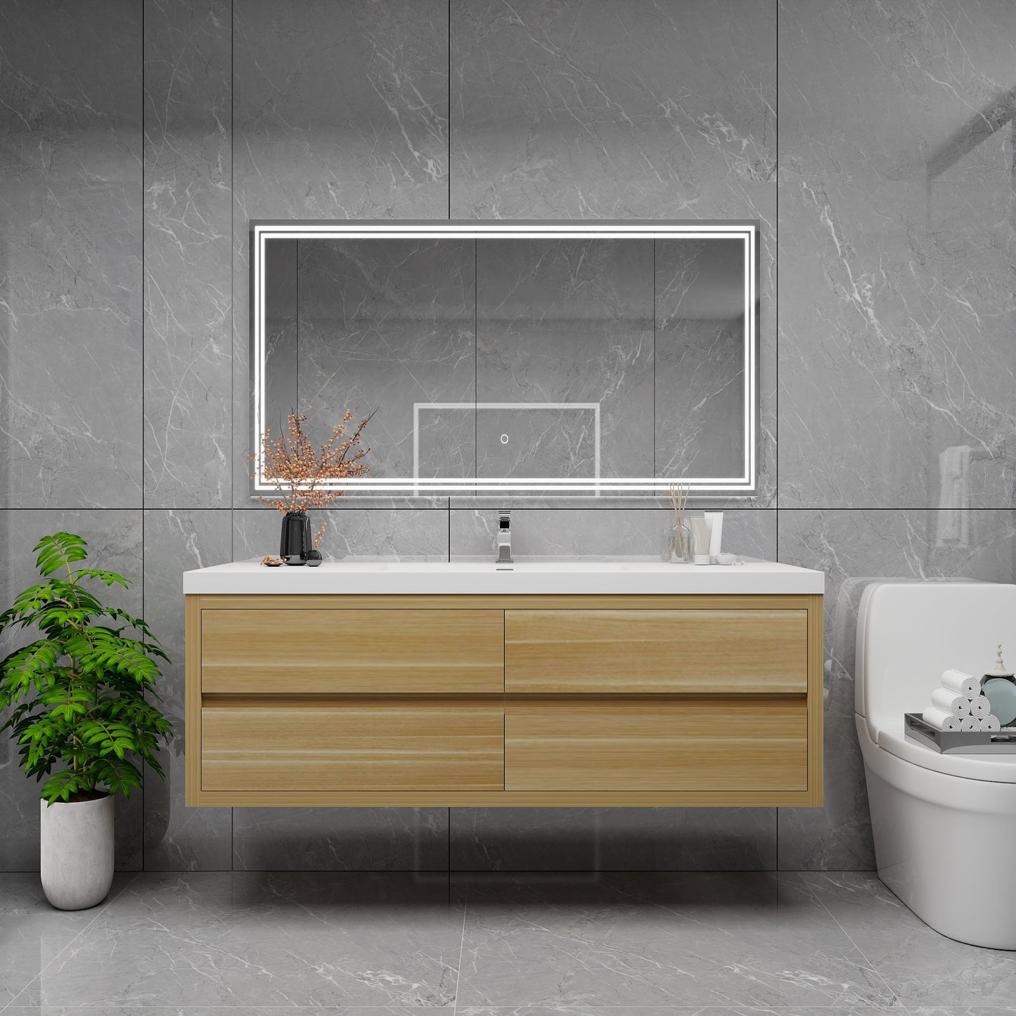 Louis 60" Solid Wood Floating Bathroom Vanity with Single Sink in Light Oak | Better Vanity Solid Wood Floating Vanities