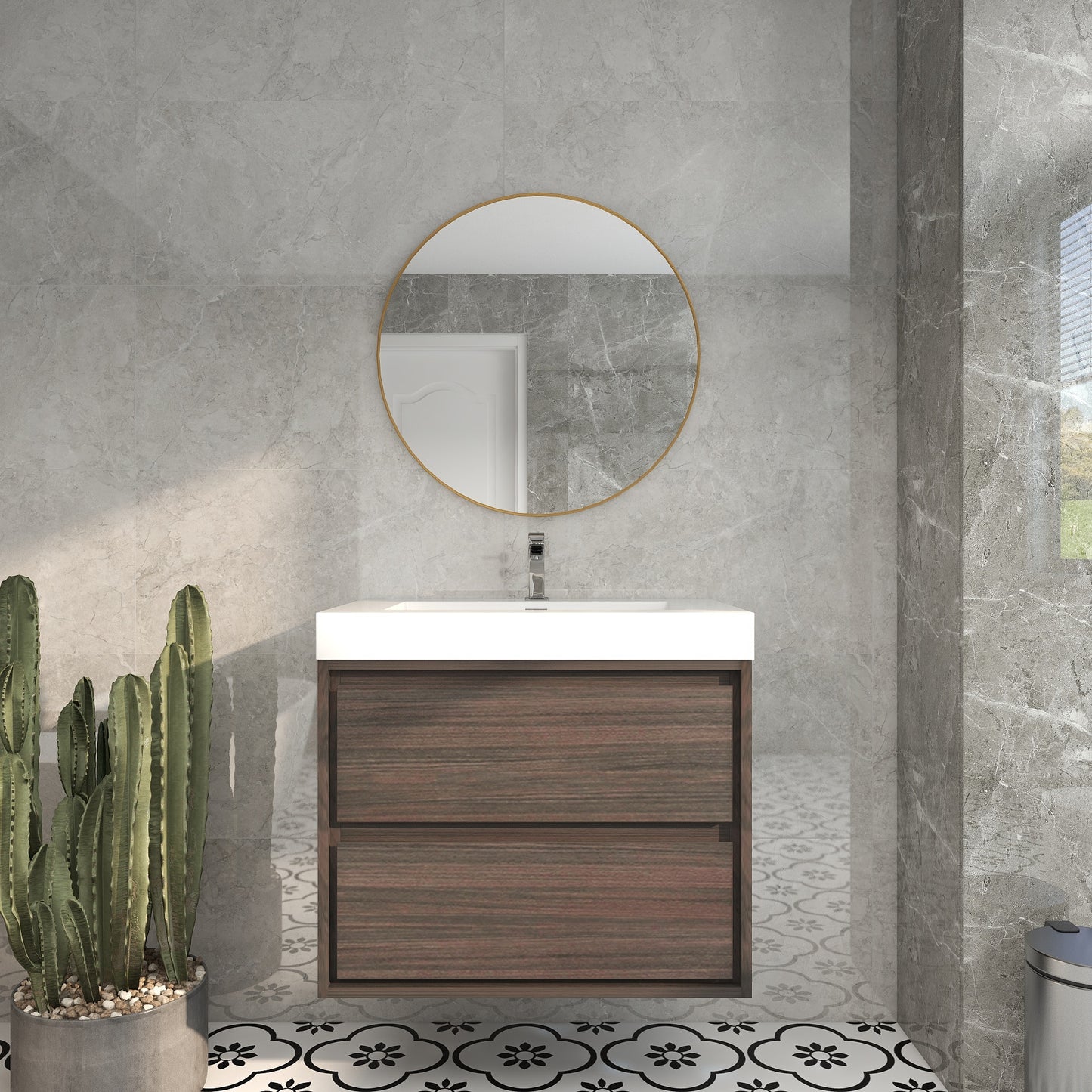 Saggia 30" Wall-Mounted Floating Bathroom Vanity with Reinforced Acrylic Sink in Dark Gray Oak | Better Vanity Modern Luxury Bathroom Vanities