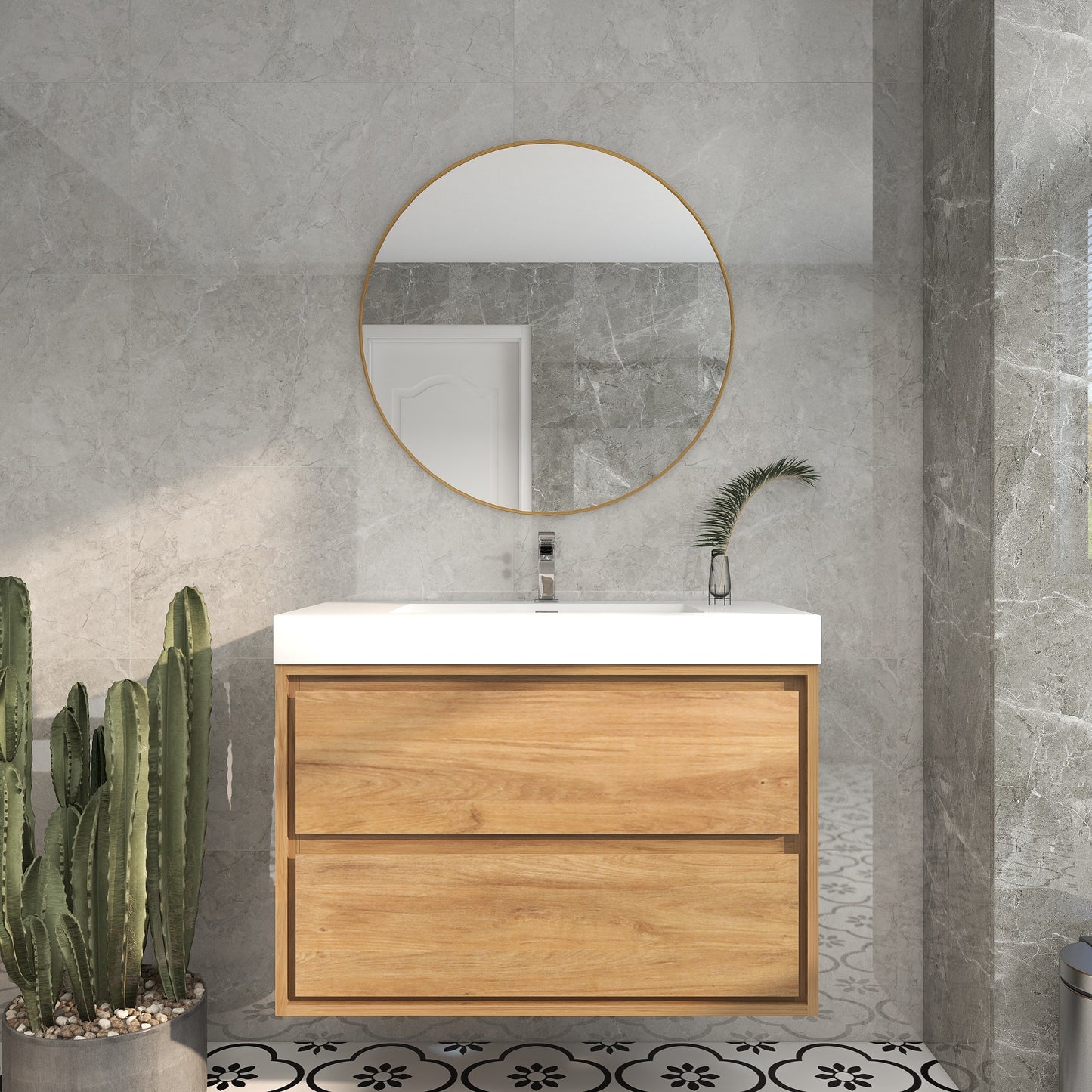 Saggia 36" Wall-Mounted Floating Bathroom Vanity with Reinforced Acrylic Sink in White Oak | Better Vanity Modern Luxury Bathroom Vanities