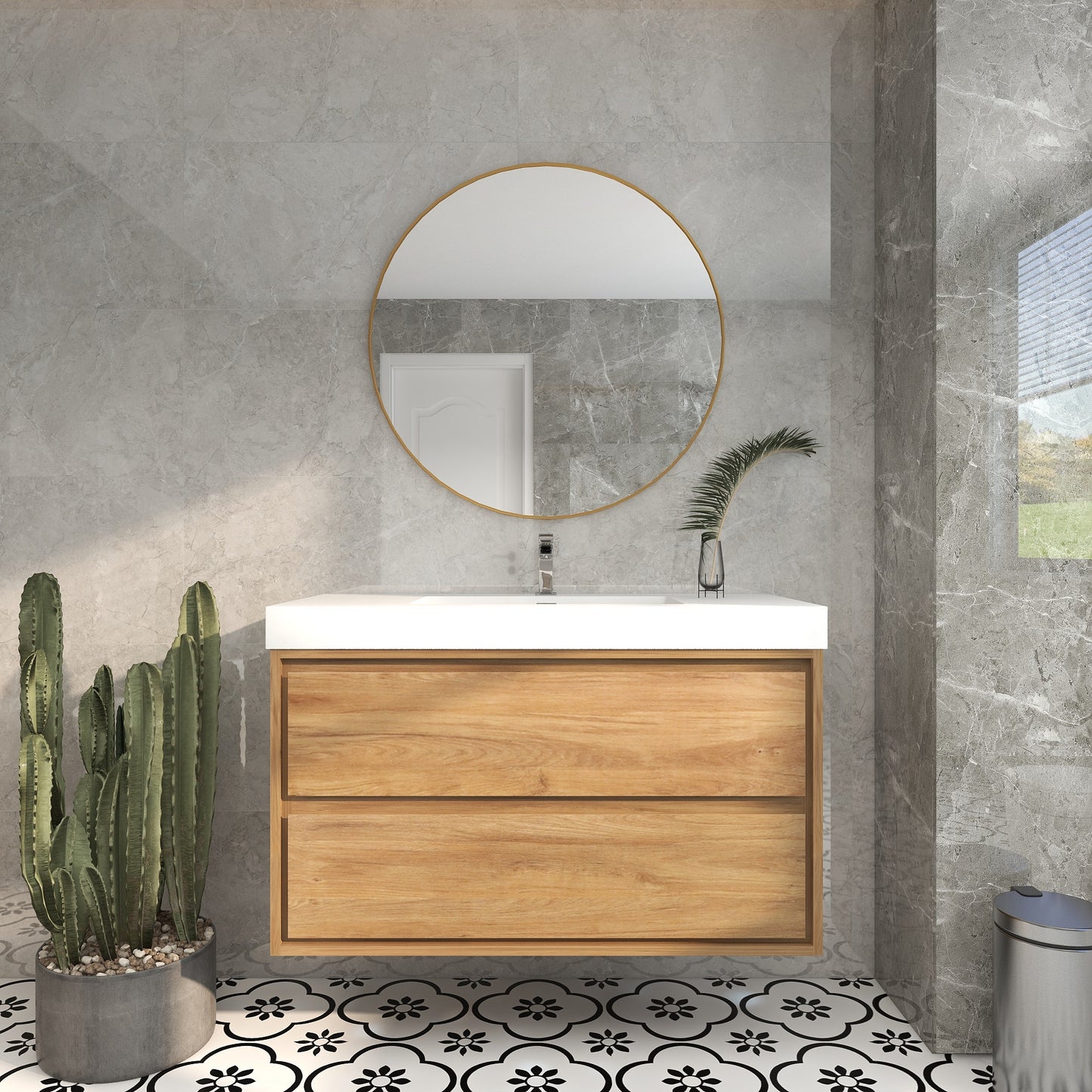 Saggia 42" Wall-Mounted Floating Bathroom Vanity with Reinforced Acrylic Sink in White Oak | Better Vanity Modern Luxury Bathroom Vanities
