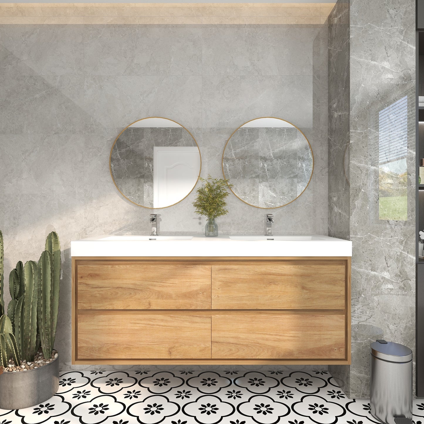 Saggia 60" Wall-Mounted Floating Bathroom Vanity with Reinforced Acrylic Double Sink in White Oak | Better Vanity Modern Luxury Bathroom Vanities