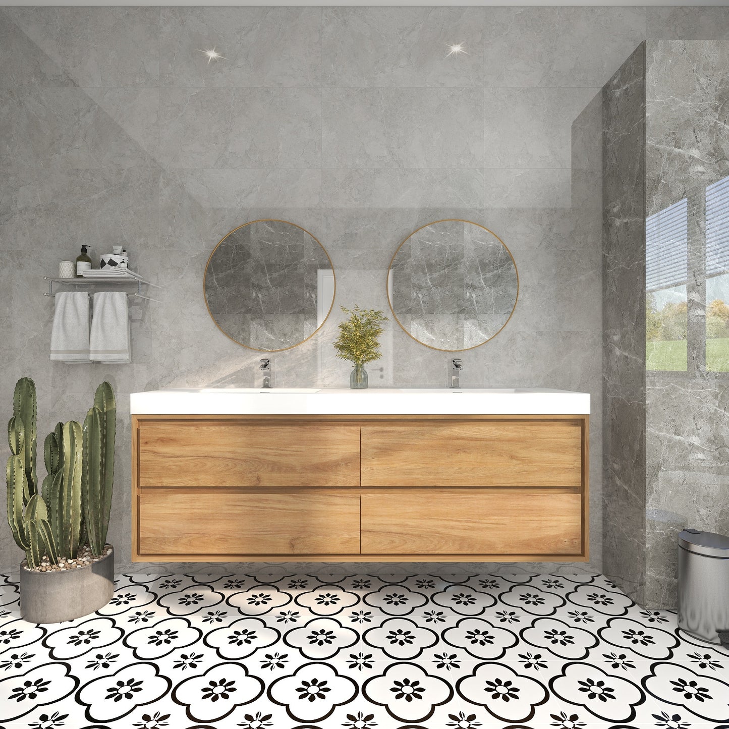 Saggia 72" Wall-Mounted Floating Bathroom Vanity with Reinforced Acrylic Double Sink in White Oak | Better Vanity Modern Luxury Bathroom Vanities