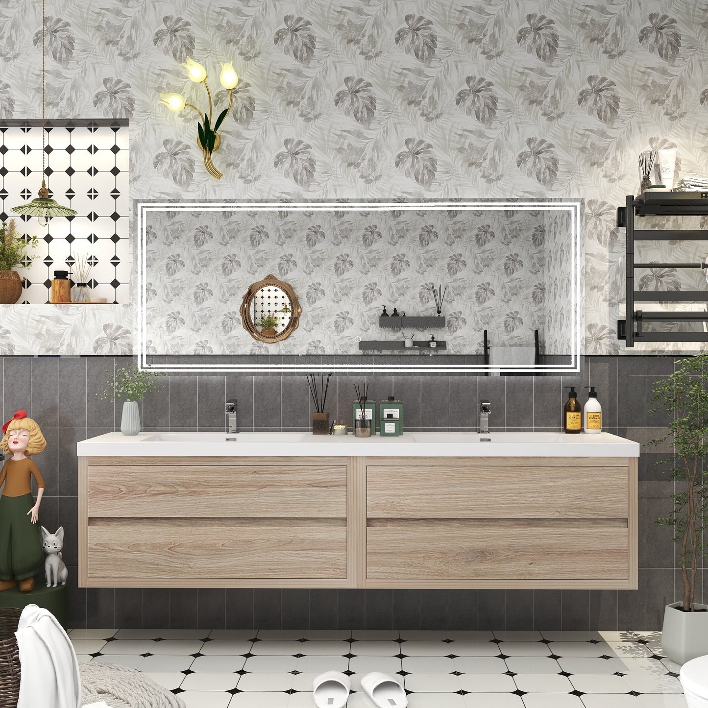 Louis 84" Solid Wood Floating Bathroom Vanity with Double Sink in White Oak | Better Vanity Solid Wood Floating Vanities