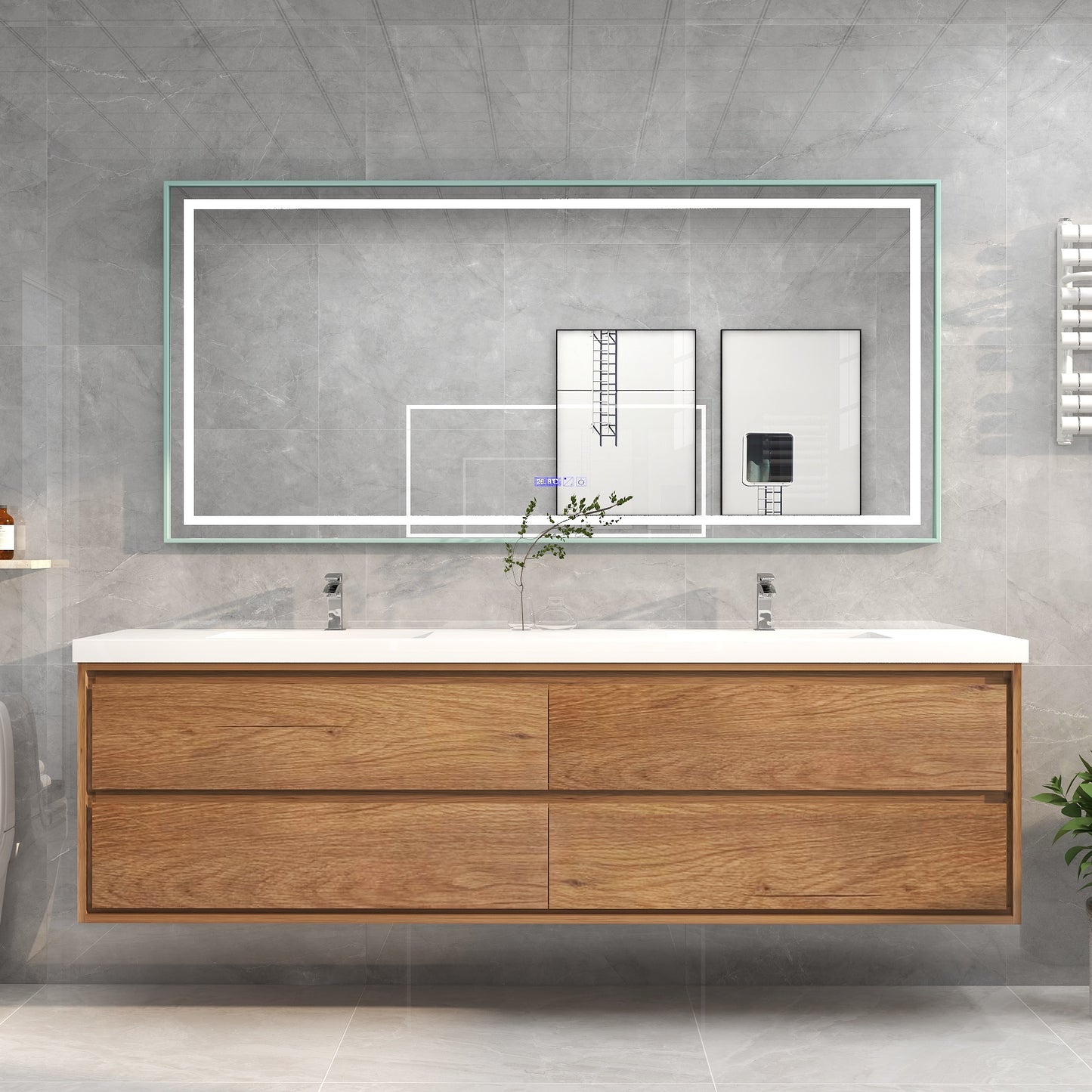 Saggia 84" Floating Vanity with Double Sink Set in Teak Oak