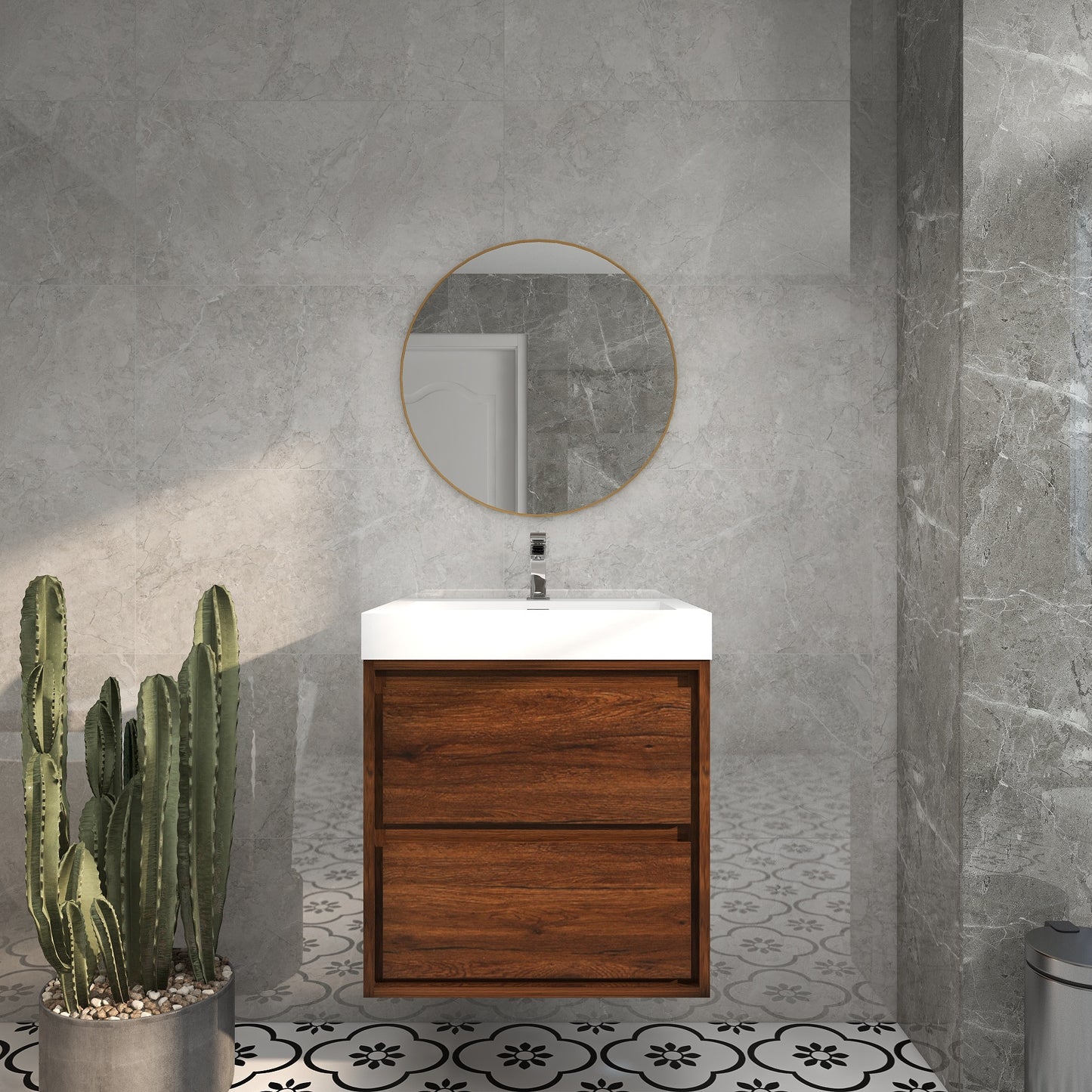 Saggia 24" Wall-Mounted Floating Bathroom Vanity with Reinforced Acrylic Sink in Rosewood | Better Vanity Modern Luxury Bathroom Vanities