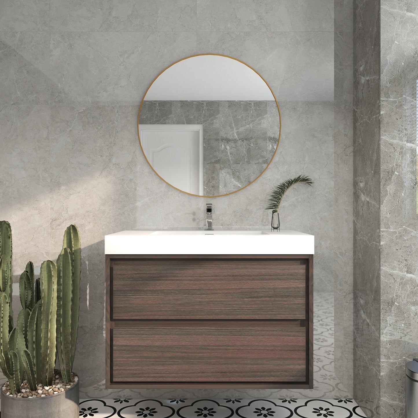Saggia 36" Wall-Mounted Floating Bathroom Vanity with Reinforced Acrylic Sink in Dark Gray Oak | Better Vanity Modern Luxury Bathroom Vanities