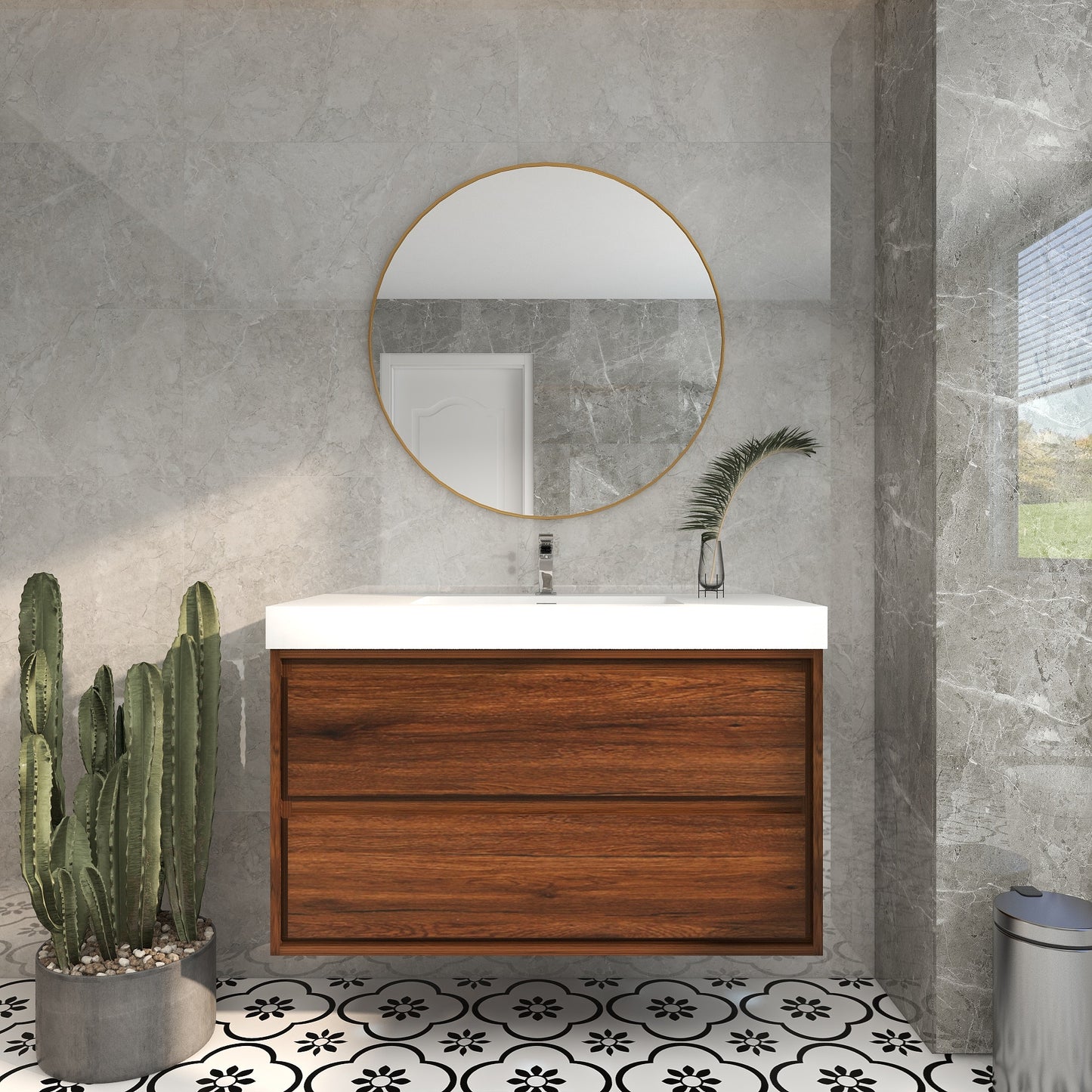 Saggia 42" Wall-Mounted Floating Bathroom Vanity with Reinforced Acrylic Sink in Rosewood | Better Vanity Modern Luxury Bathroom Vanities
