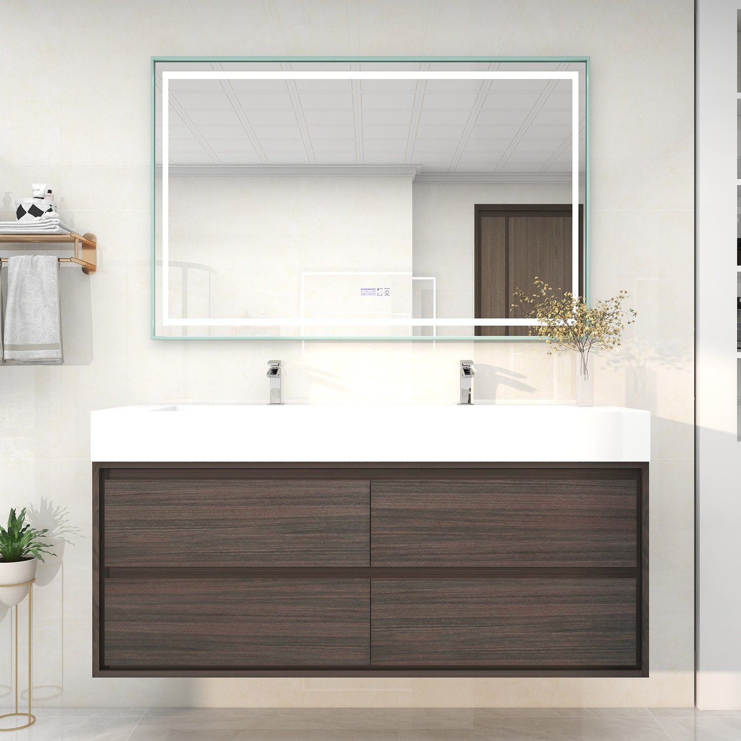 Saggia 60" Wall-Mounted Floating Bathroom Vanity with Reinforced Double Acrylic Sink in Dark Gray Oak | Better Vanity Modern Luxury Bathroom Vanities