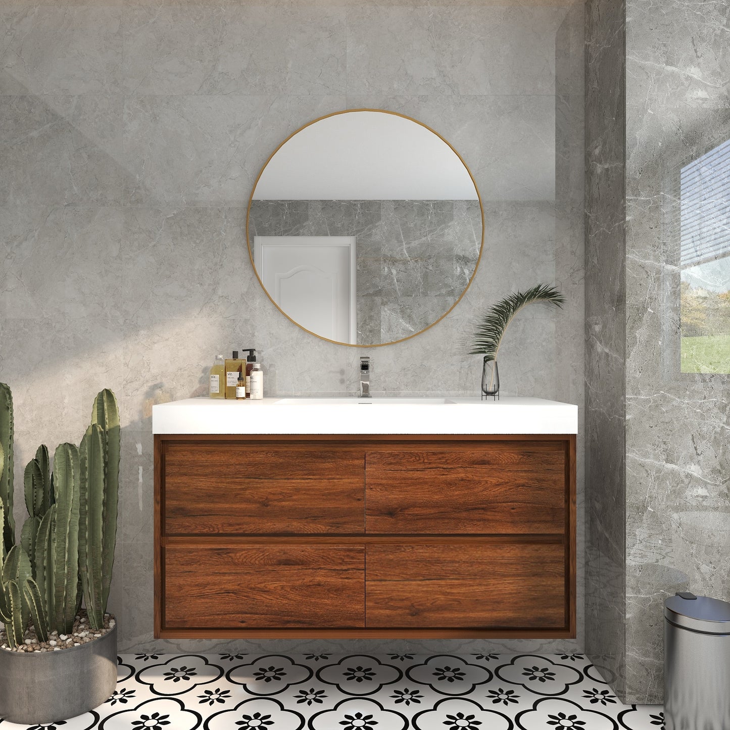 Saggia 48" Wall-Mounted Floating Bathroom Vanity with Reinforced Acrylic Sink in Rosewood | Better Vanity Modern Luxury Bathroom Vanities