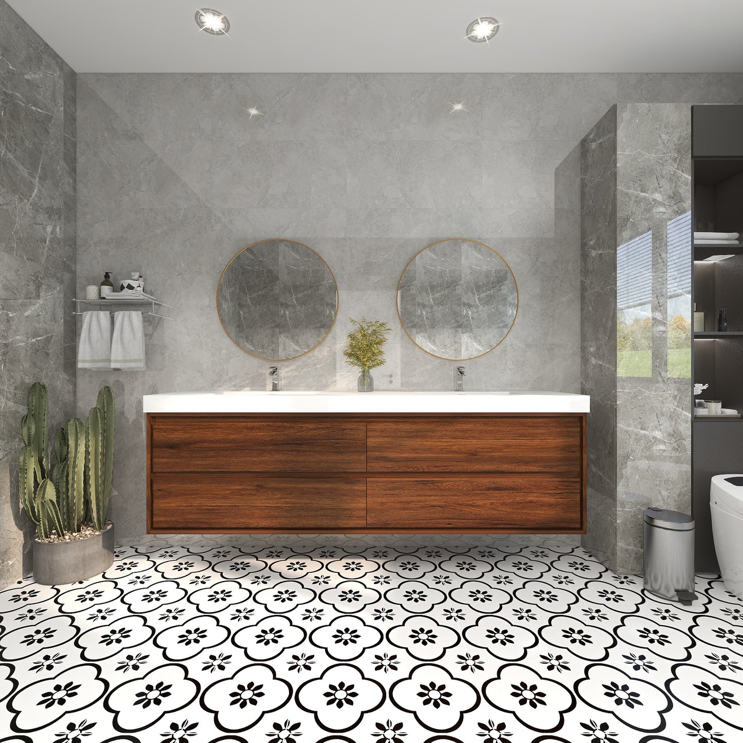 Saggia 84" Wall-Mounted Floating Bathroom Vanity with Reinforced Acrylic Double Sink in Rosewood | Better Vanity Modern Luxury Bathroom Vanities