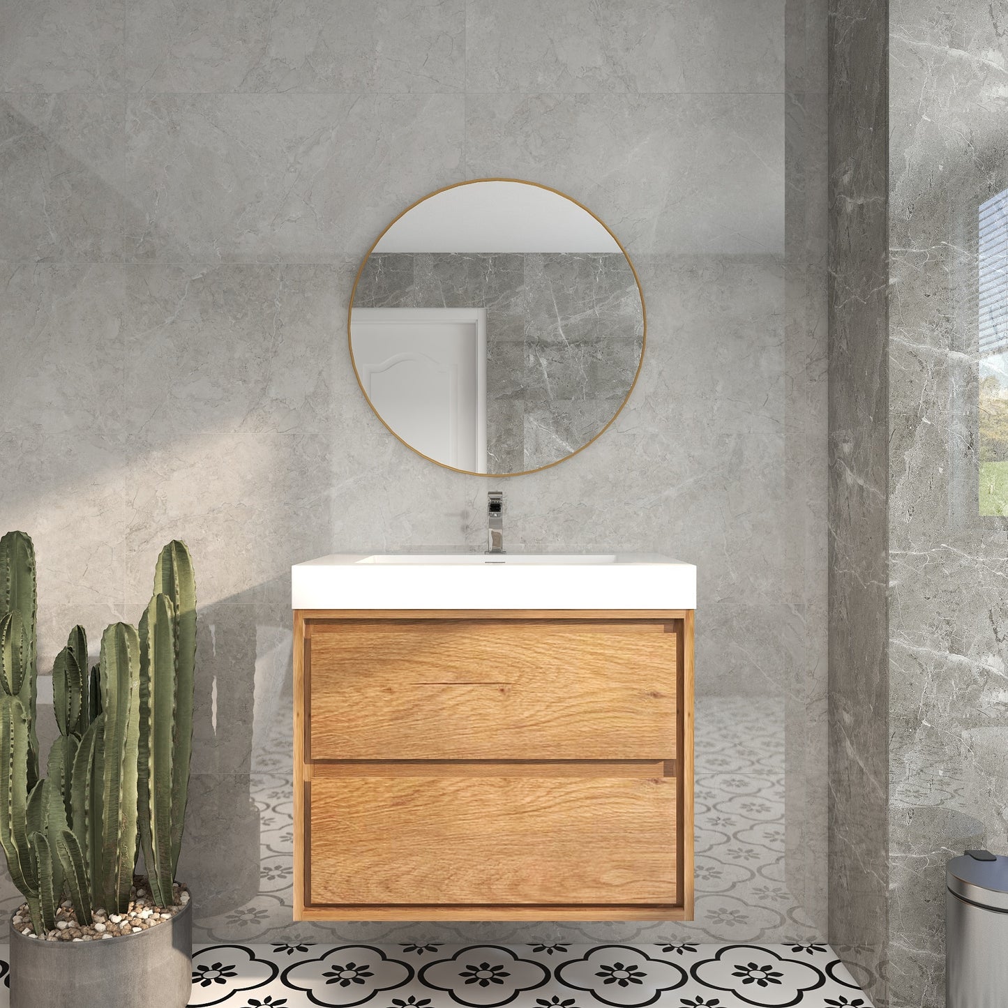 Saggia 30" Wall-Mounted Floating Bathroom Vanity with Reinforced Acrylic Sink in Teak Oak | Better Vanity Modern Luxury Bathroom Vanities