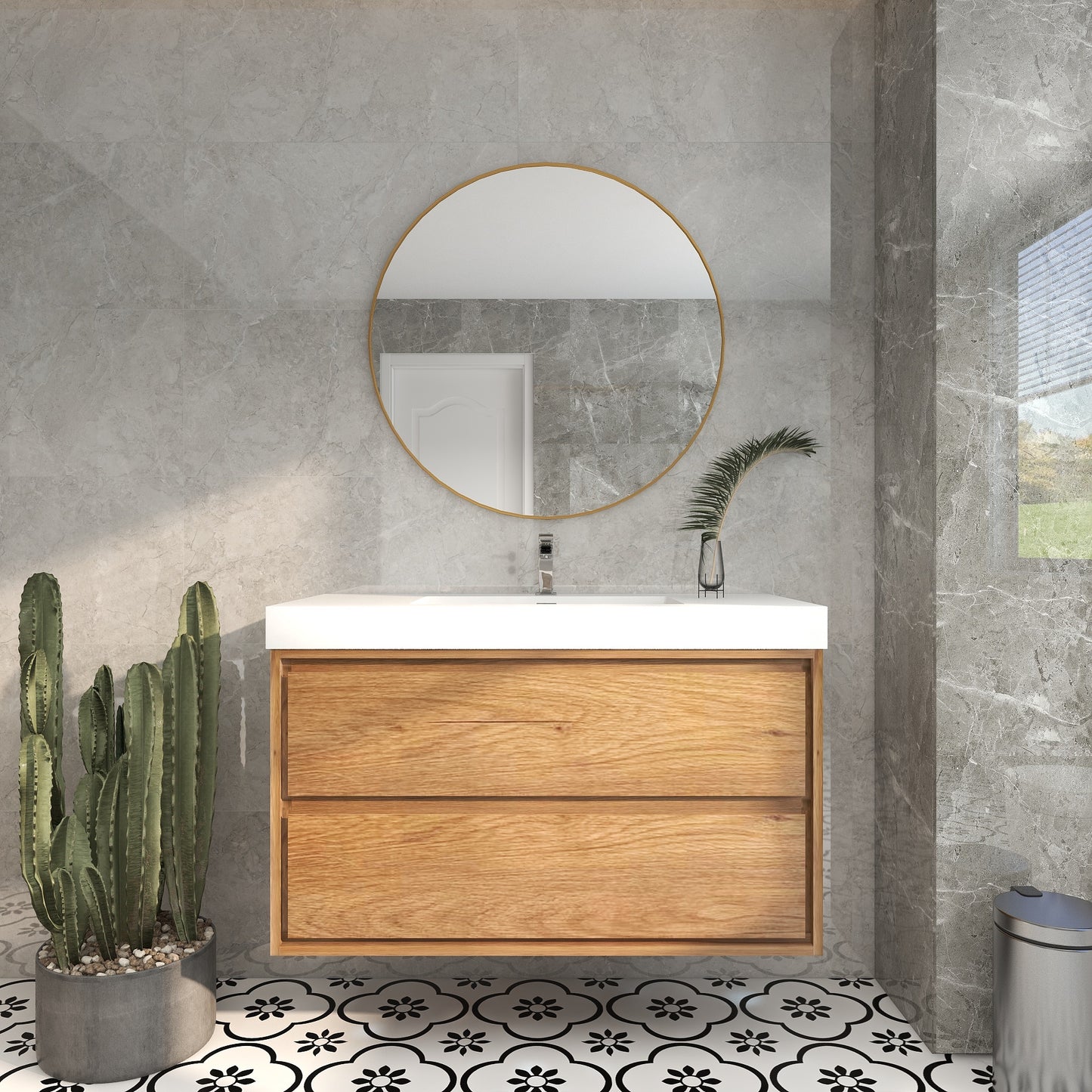 Saggia 42" Wall-Mounted Floating Bathroom Vanity with Reinforced Acrylic Sink in Teak Oak | Better Vanity Modern Luxury Bathroom Vanities