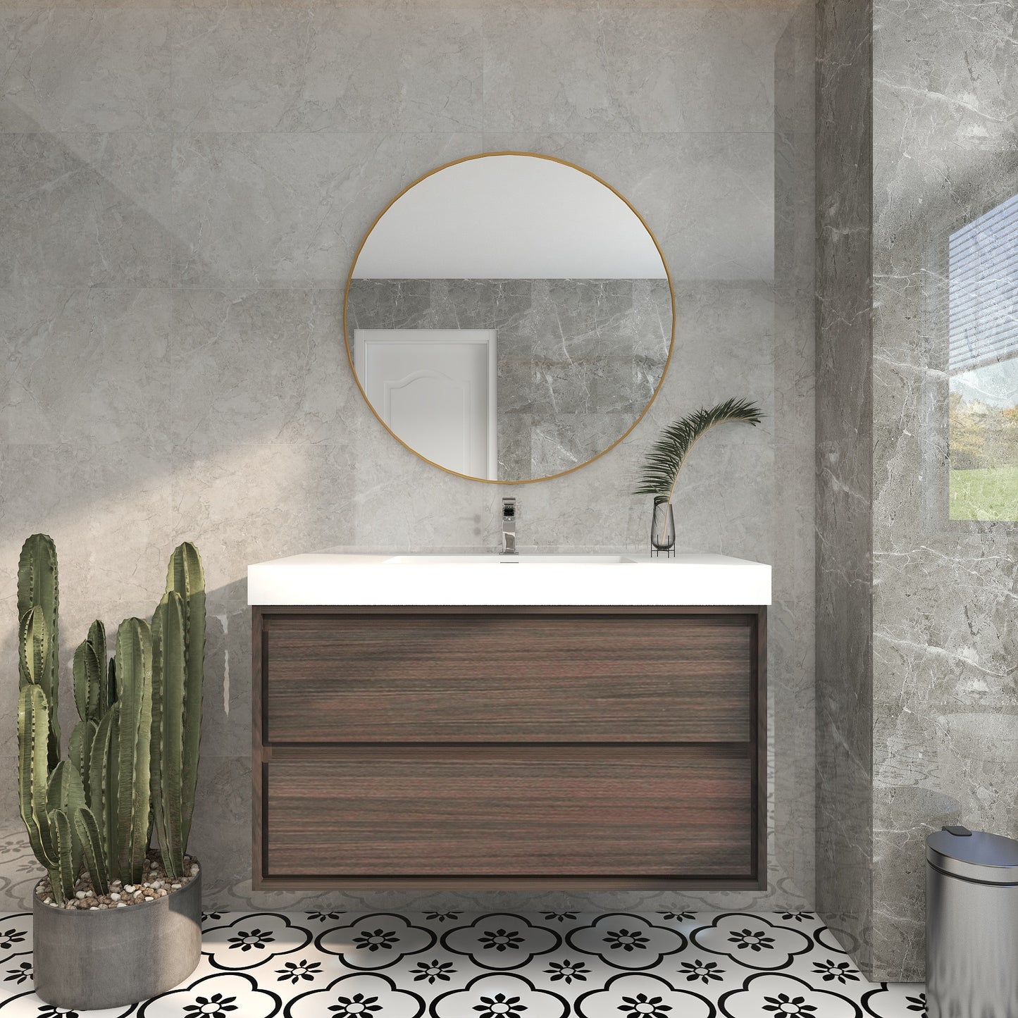 Saggia 42" Wall-Mounted Floating Bathroom Vanity with Reinforced Acrylic Sink in Dark Gray Oak | Better Vanity Modern Luxury Bathroom Vanities