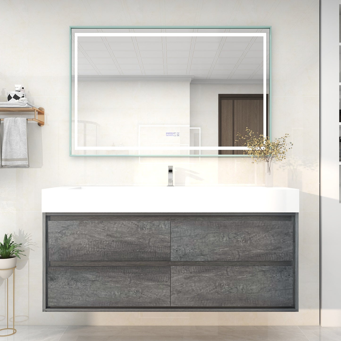 Saggia 60" Wall-Mounted Floating Bathroom Vanity with Reinforced Acrylic Sink in Smoke Oak | Better Vanity Modern Luxury Bathroom Vanities