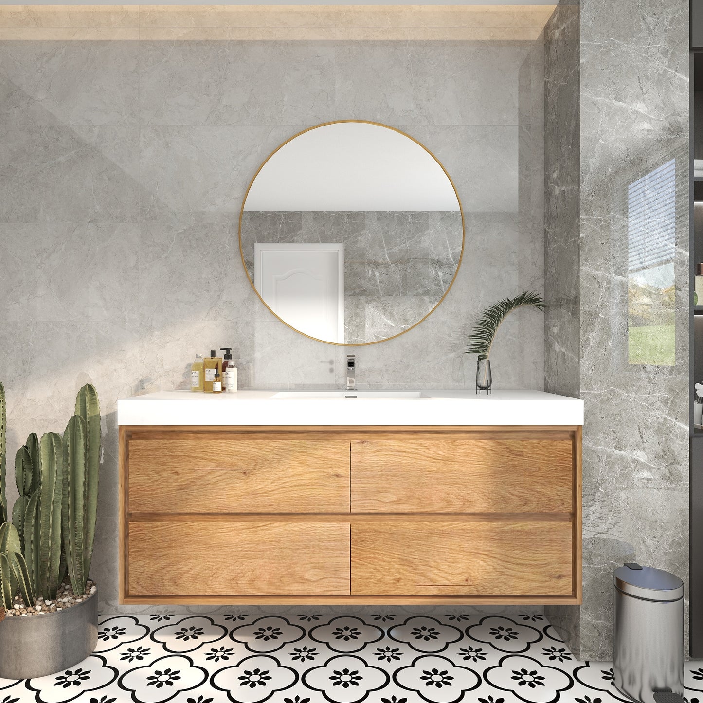Saggia 60" Wall-Mounted Floating Bathroom Vanity with Reinforced Acrylic Sink in Teak Oak | Better Vanity Modern Luxury Bathroom Vanities