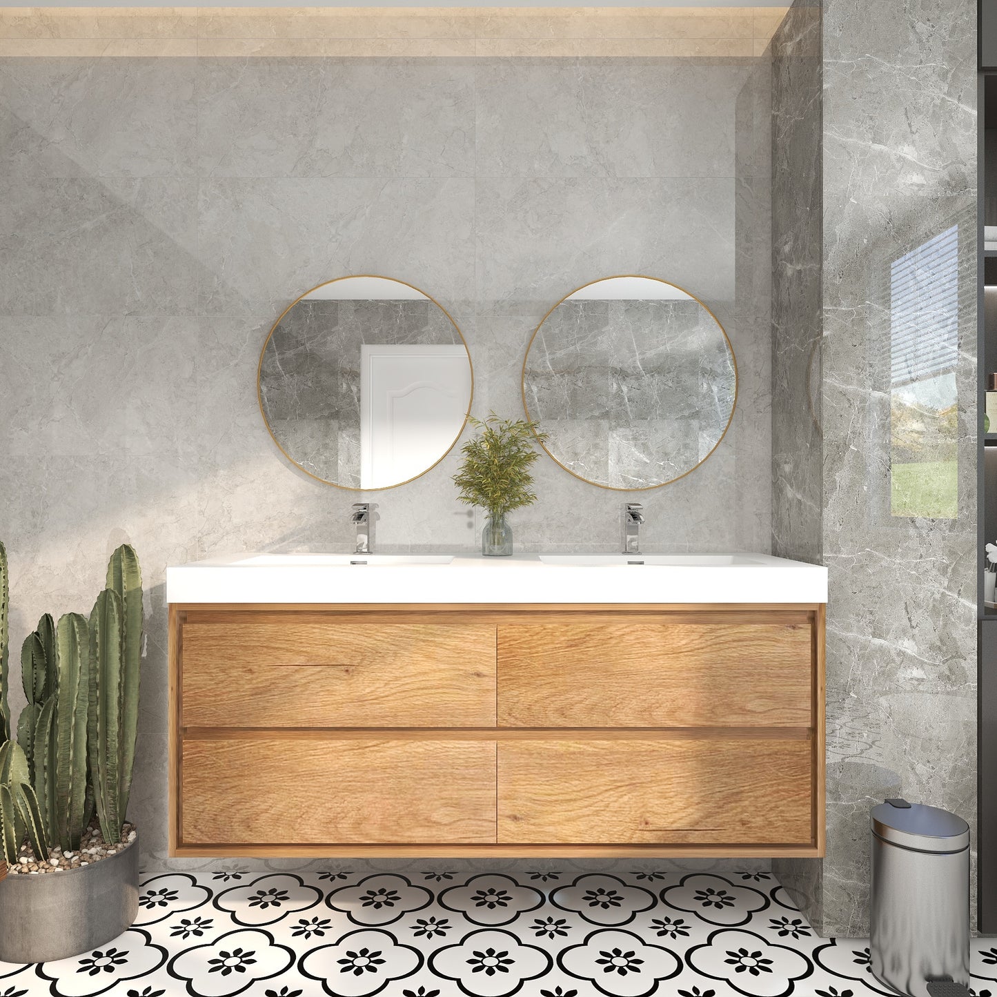 Saggia 60" Wall-Mounted Floating Bathroom Vanity with Reinforced Acrylic Double Sink in Teak Oak | Better Vanity Modern Luxury Bathroom Vanities