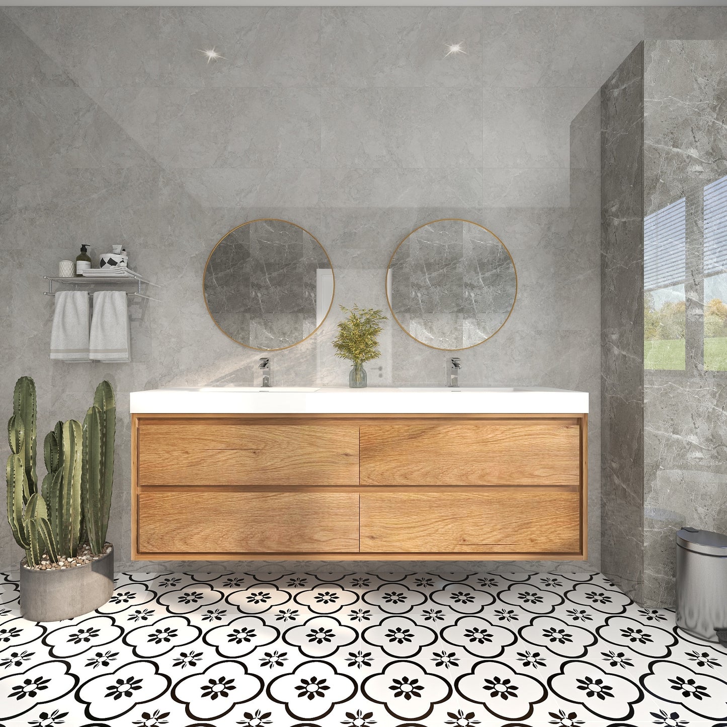 Saggia 72" Wall-Mounted Floating Bathroom Vanity with Reinforced Acrylic Double Sink in Teak Oak | Better Vanity Modern Luxury Bathroom Vanities