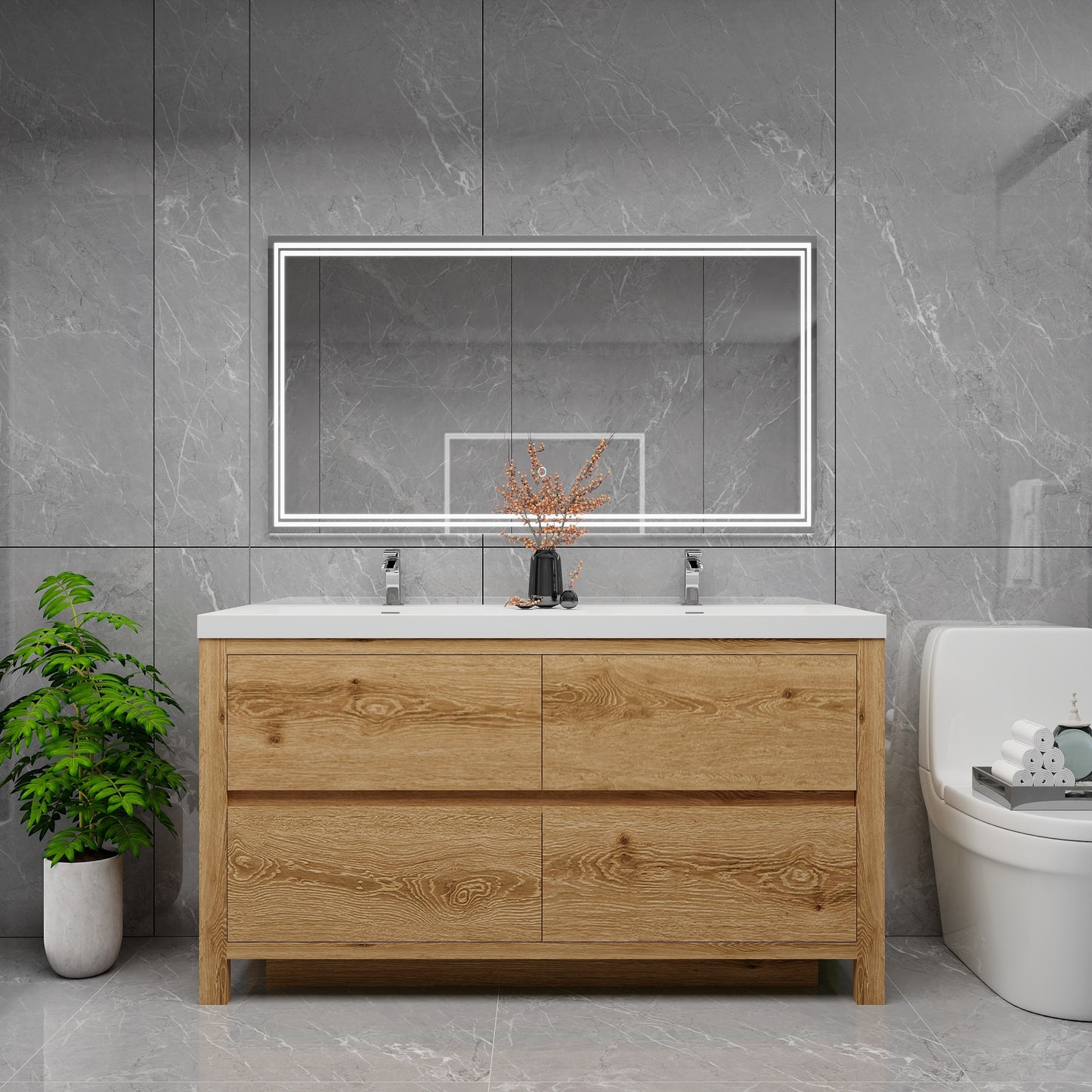 Louis 60" Solid Wood Freestanding Bathroom Vanity with Double Sink in Yellow Oak | Better Vanity Solid Wood Floating Vanities