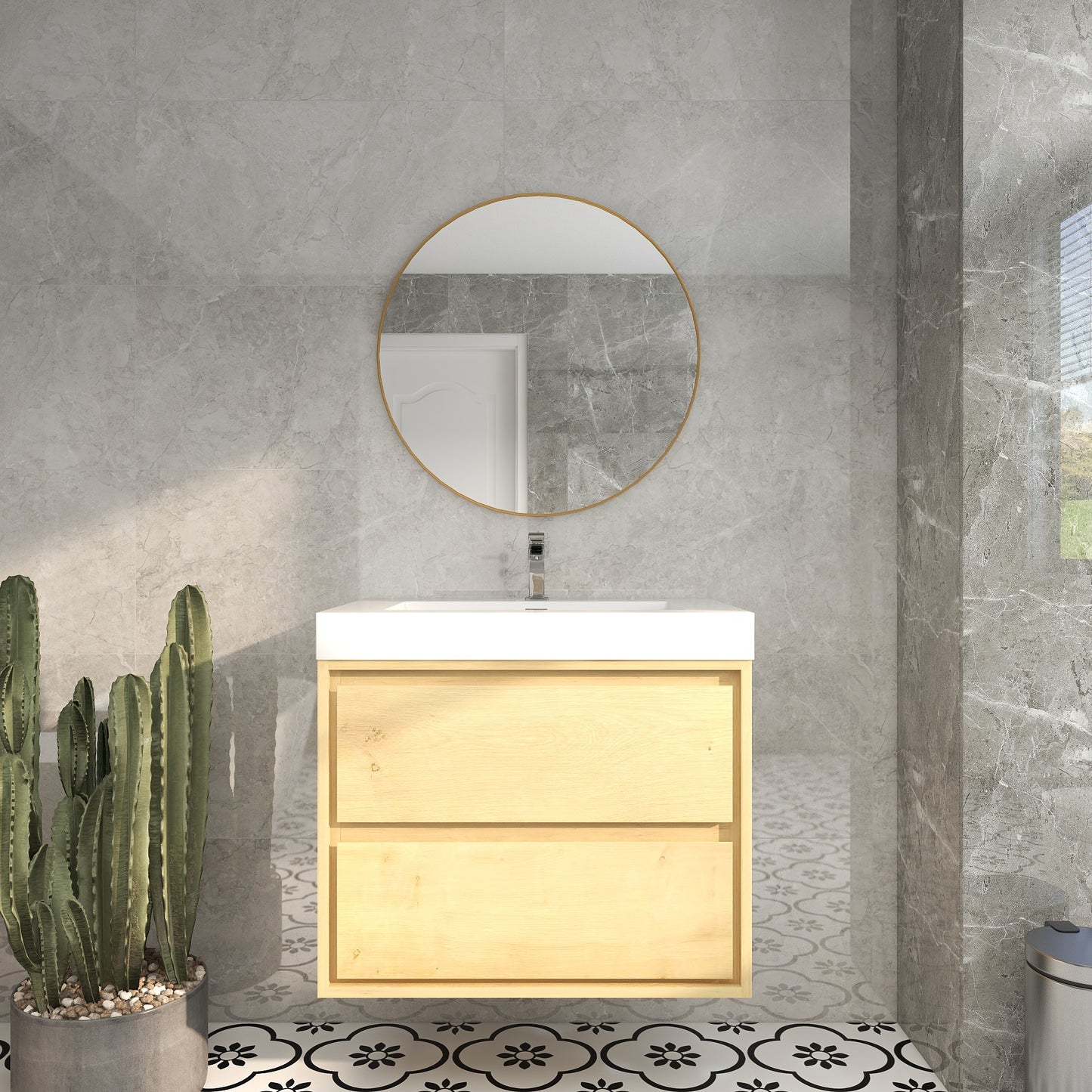 Saggia 30" Wall-Mounted Floating Bathroom Vanity with Reinforced Acrylic Sink in Light Oak | Better Vanity Modern Luxury Bathroom Vanities