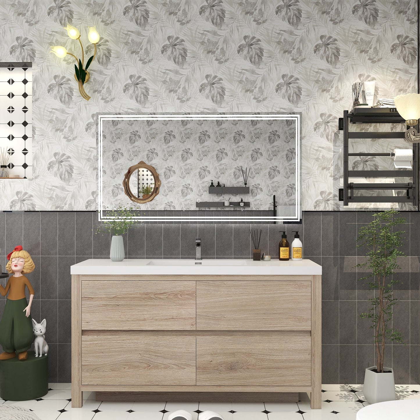 Louis 60" Solid Wood Freestanding Bathroom Vanity with Single Sink in White Oak | Better Vanity Solid Wood Floating Vanities