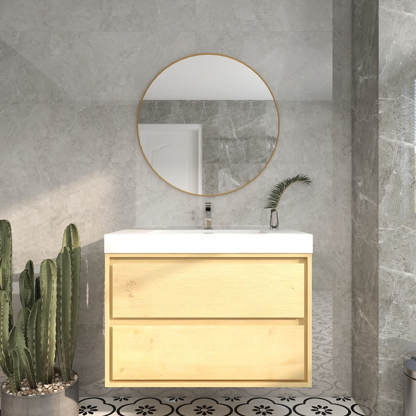 Saggia 36" Wall-Mounted Floating Bathroom Vanity with Reinforced Acrylic Sink in Light Oak | Better Vanity Modern Luxury Bathroom Vanities