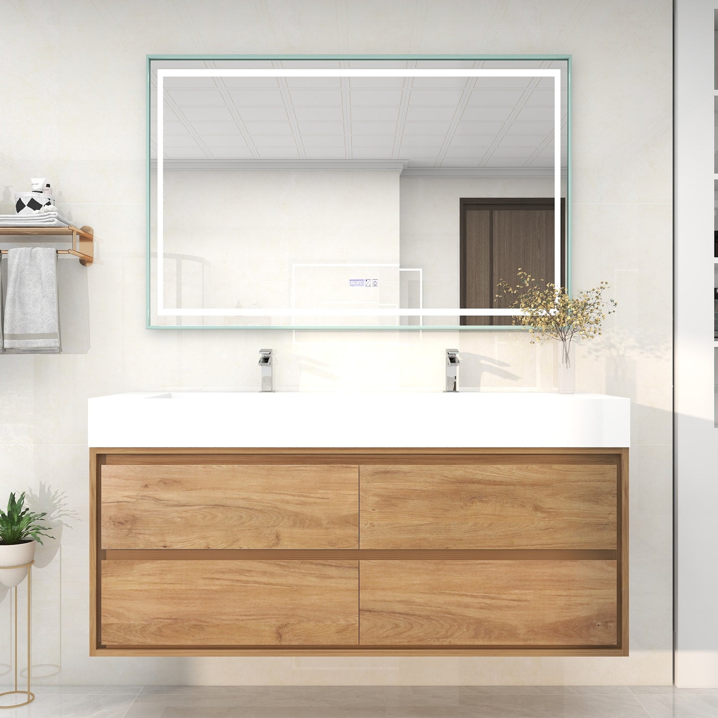 Saggia 60" Wall-Mounted Floating Bathroom Vanity with Reinforced Acrylic Double Sink in White Oak | Better Vanity Modern Luxury Bathroom Vanities