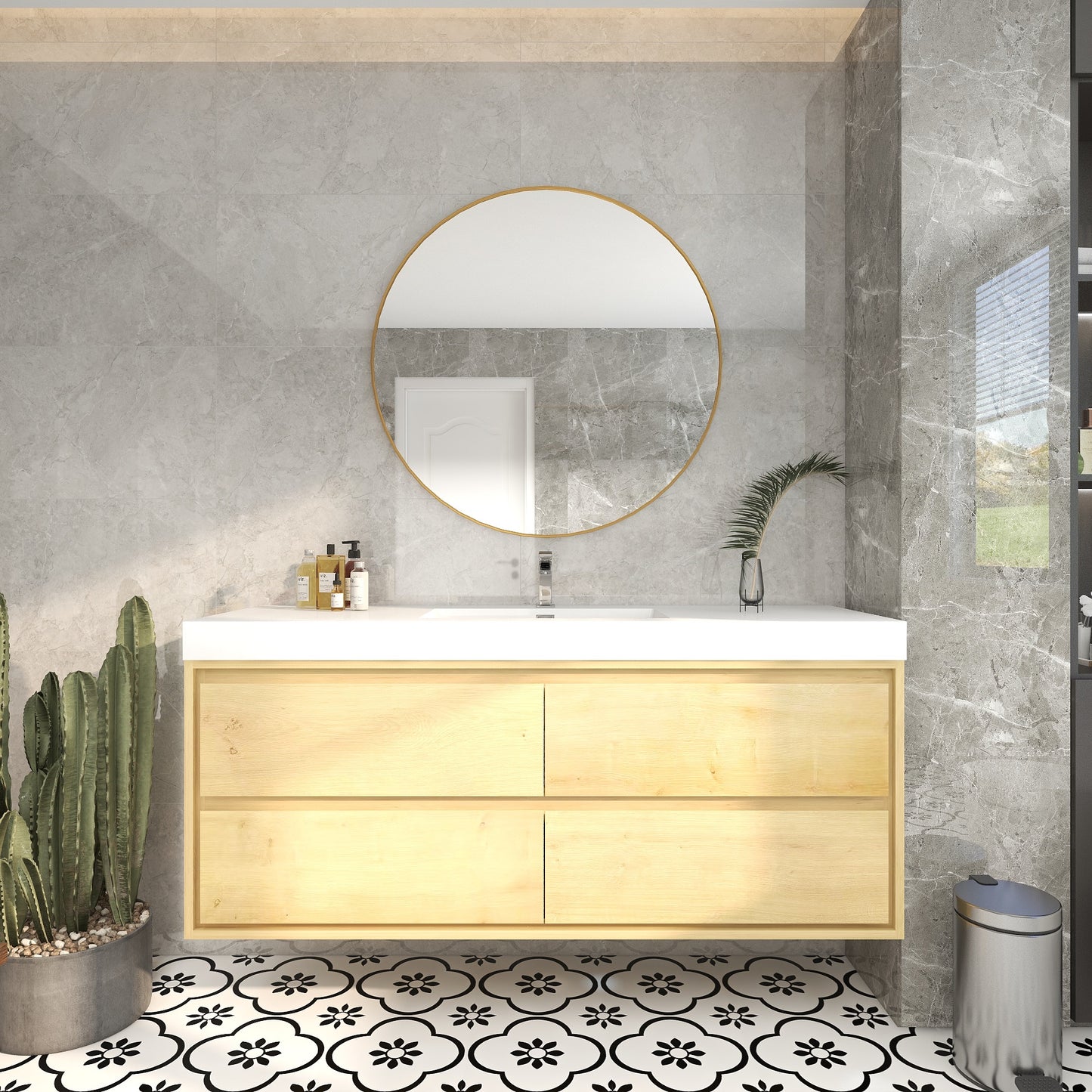 Saggia 60" Wall-Mounted Floating Bathroom Vanity with Reinforced Acrylic Sink in Light Oak | Better Vanity Modern Luxury Bathroom Vanities