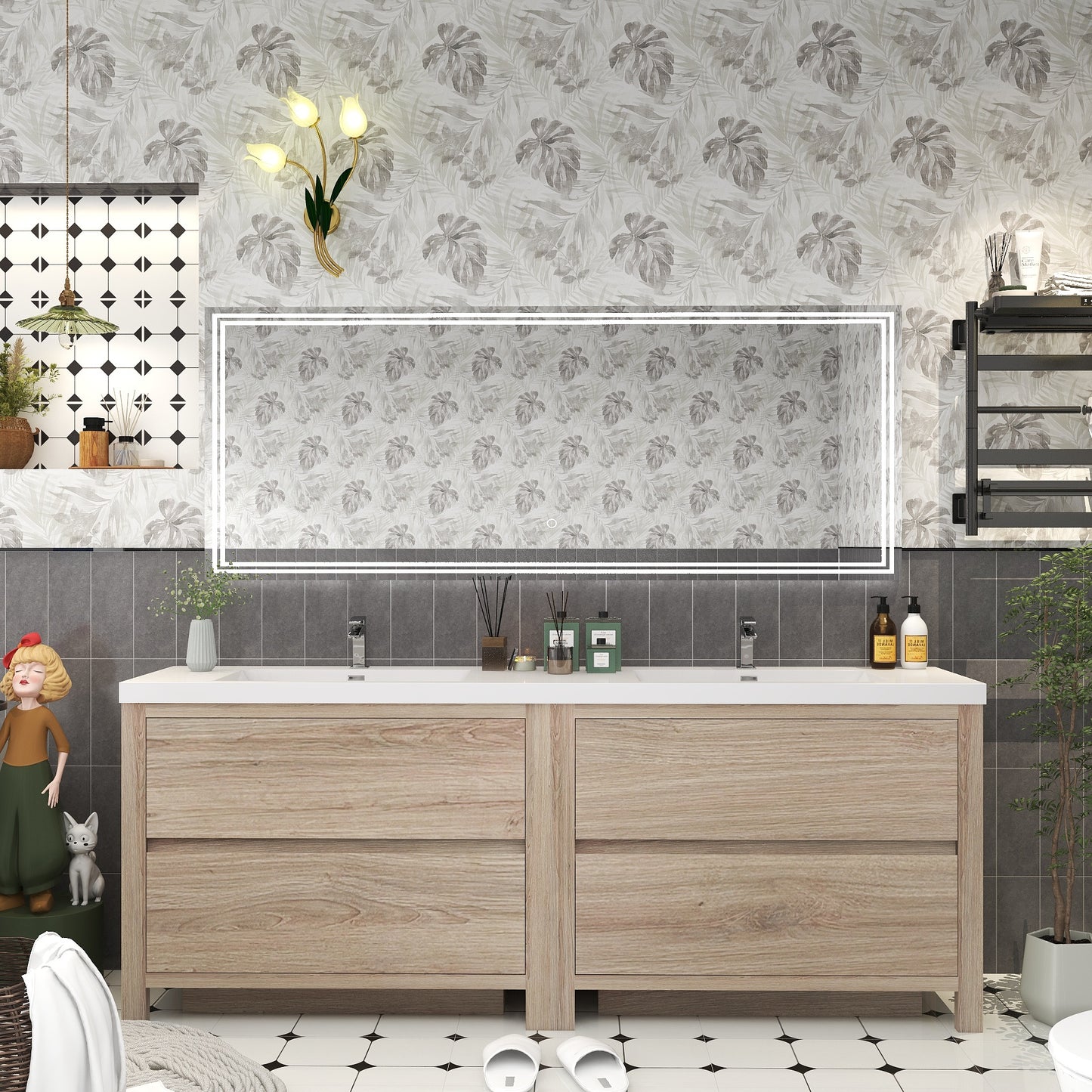 Louis 84" Solid Wood Freestanding Bathroom Vanity with Double Sink in White Oak | Better Vanity Solid Wood Floating Vanities
