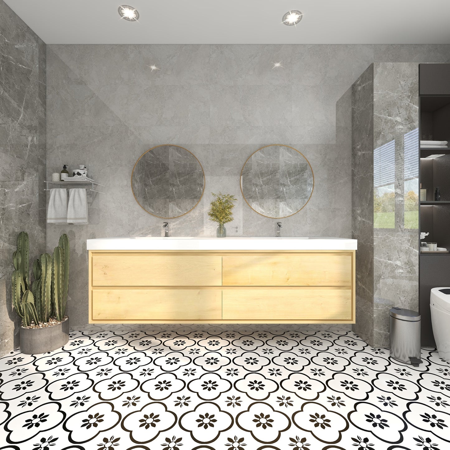 Saggia 84" Wall-Mounted Floating Bathroom Vanity with Reinforced Acrylic Double Sink in Light Oak | Better Vanity Modern Luxury Bathroom Vanities